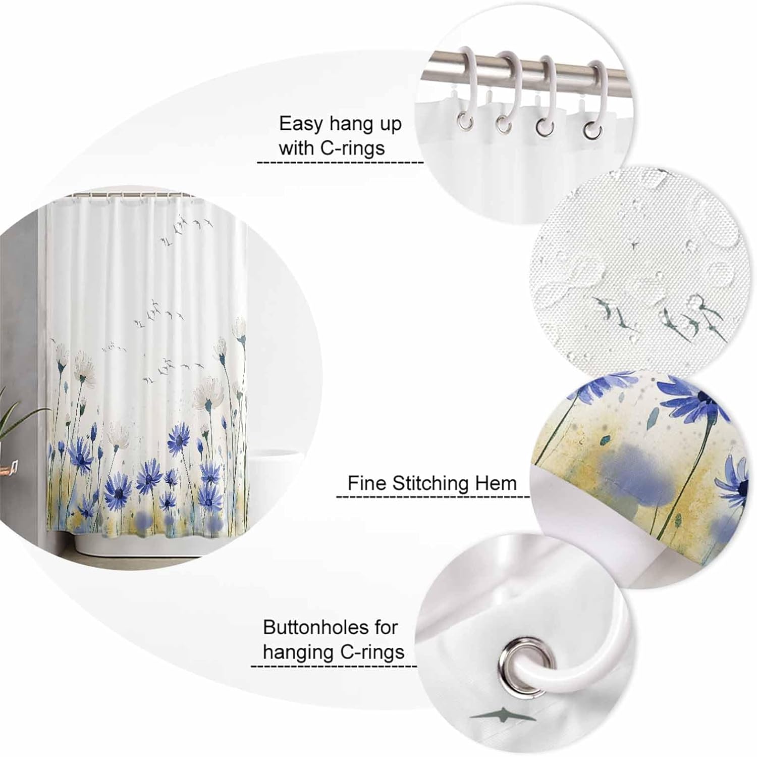 ZOE GARDEN Blue Daisy Bath Set with Curtain Rug and Hooks