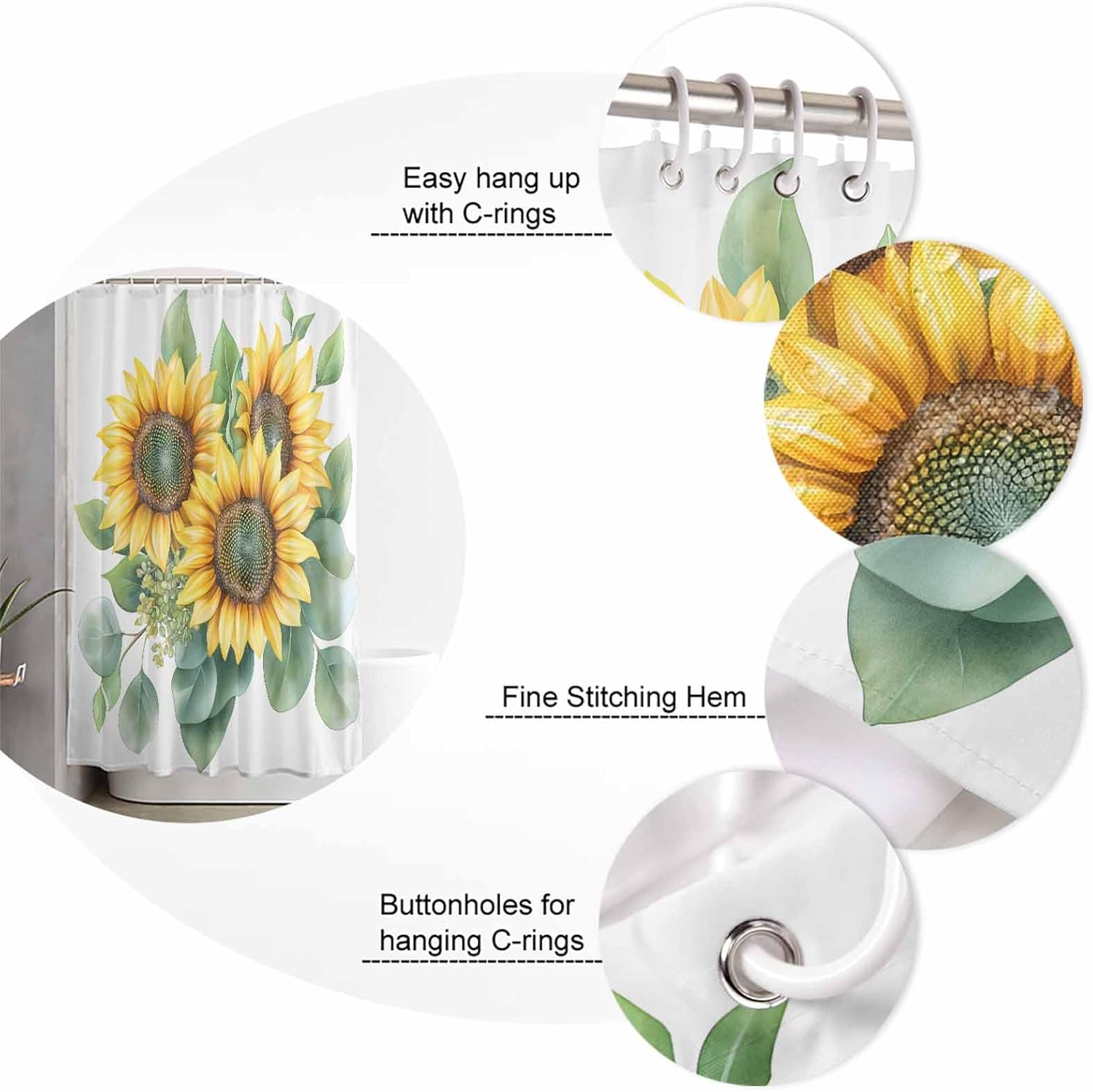 ZOE GARDEN Sunflower Bath Set - 36x72 Waterproof Curtain Mat Rug Accessories