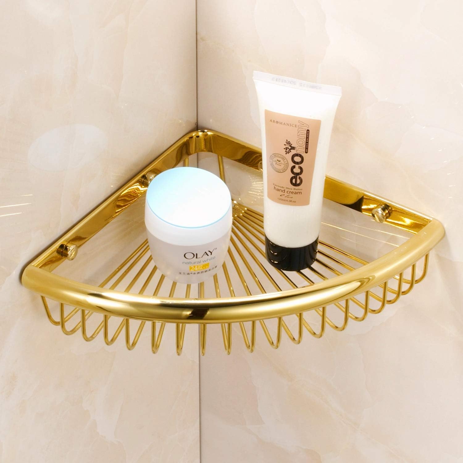 Glossy Brass Shower Caddy with Corner Storage