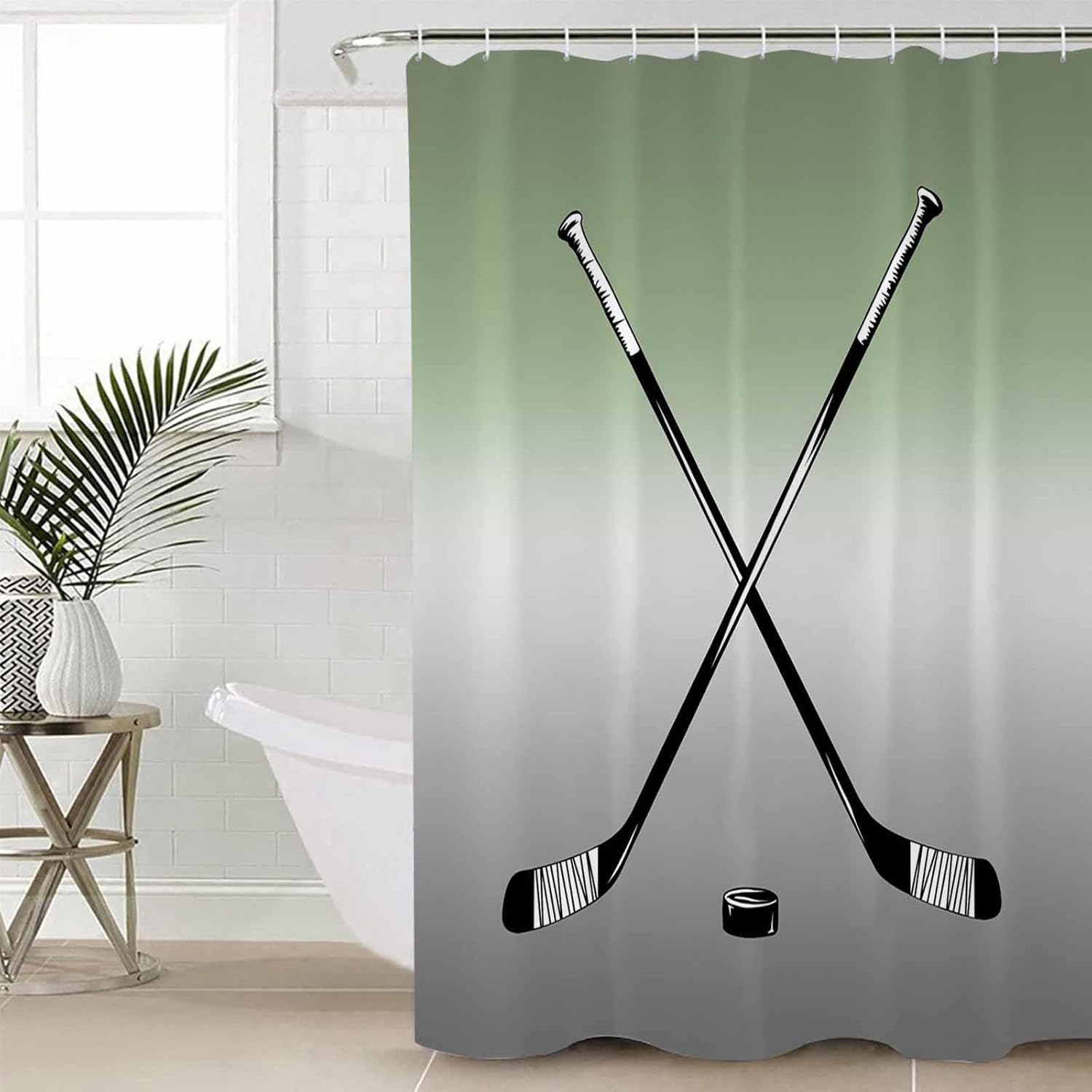 Sage Green Bathroom Set with Curtain Rug and Hooks - 72x72 Inches