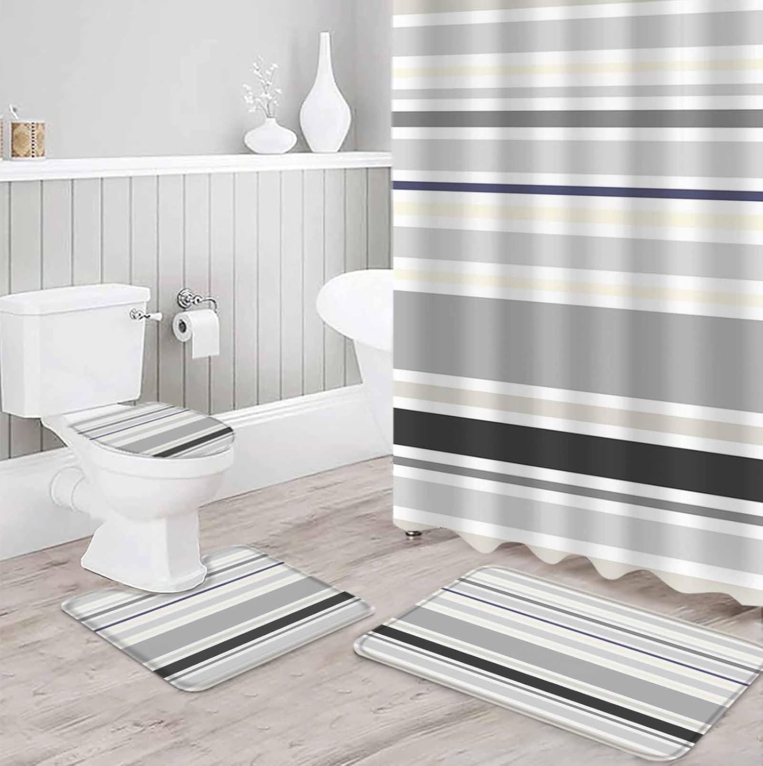 Grey Stropes Bathroom Set with Curtain Rug and Accessories