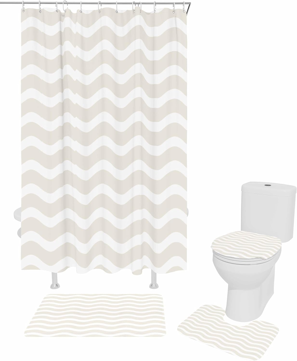 Cream Striped Bathroom Set with Shower Curtain and Rug Accessories