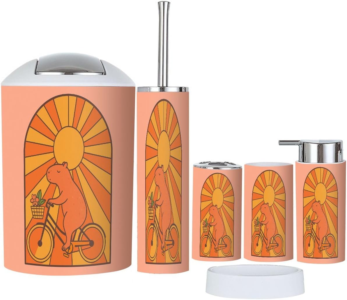 Boho Cute Capybara Bathroom Accessories Set 6 Piece