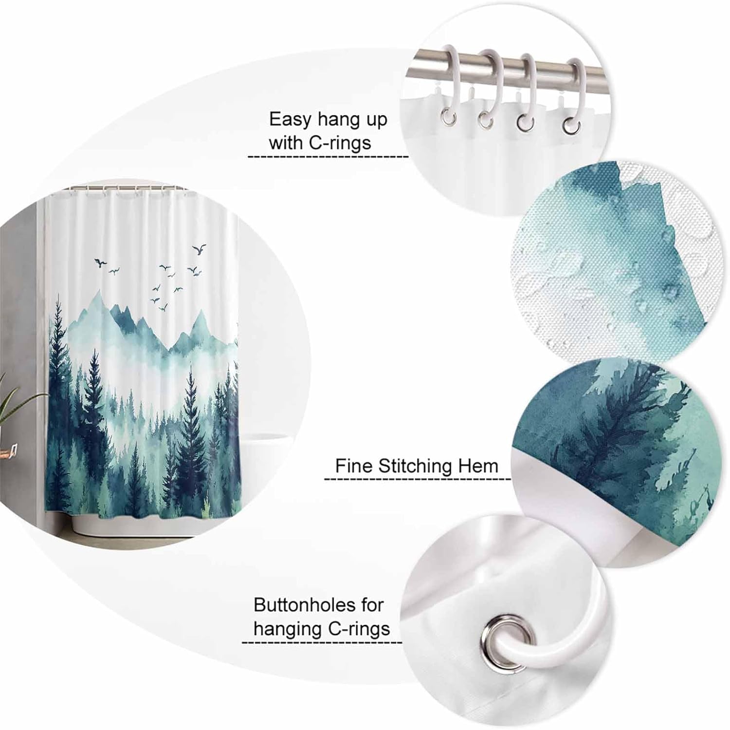 Turquoise Forest Bathroom Set with Curtain and Rug