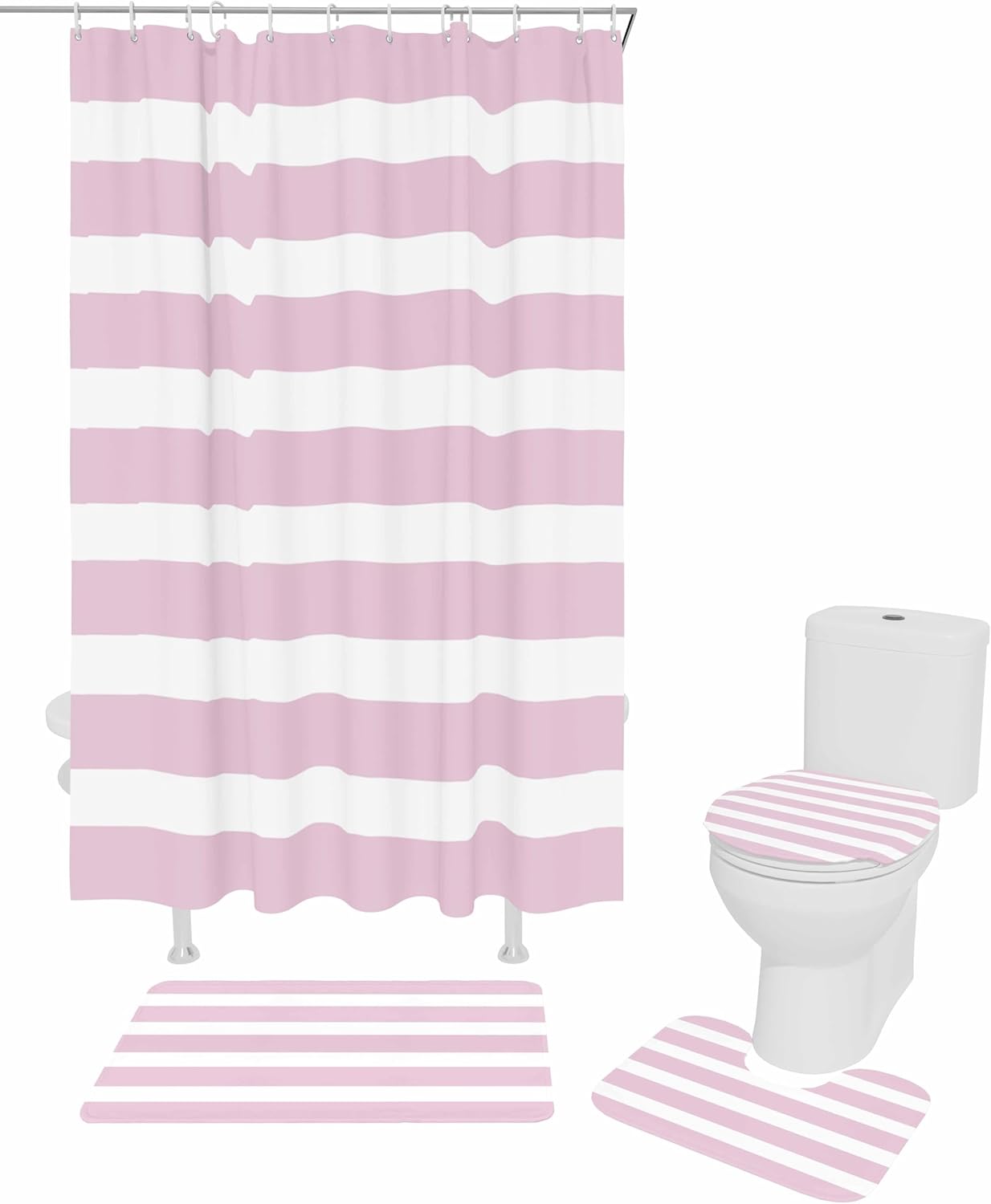 Pink Stripe Bathroom Set with Shower Curtain and Rug and Accessories