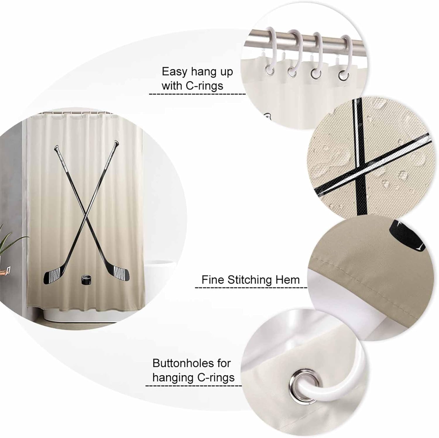 Beige Hockey Bathroom Set with Curtain Rug and Accessories