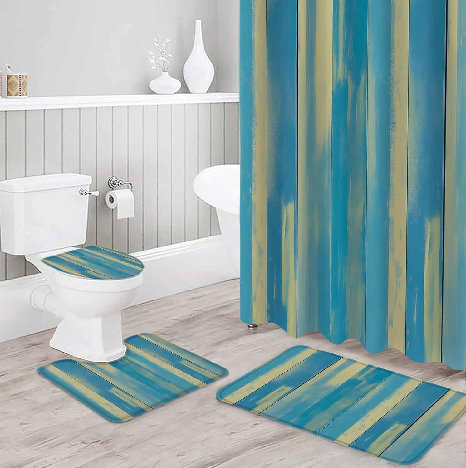 ZOE GARDEN Blue Yellow Bathroom Set with Shower Curtain Rug Accessories
