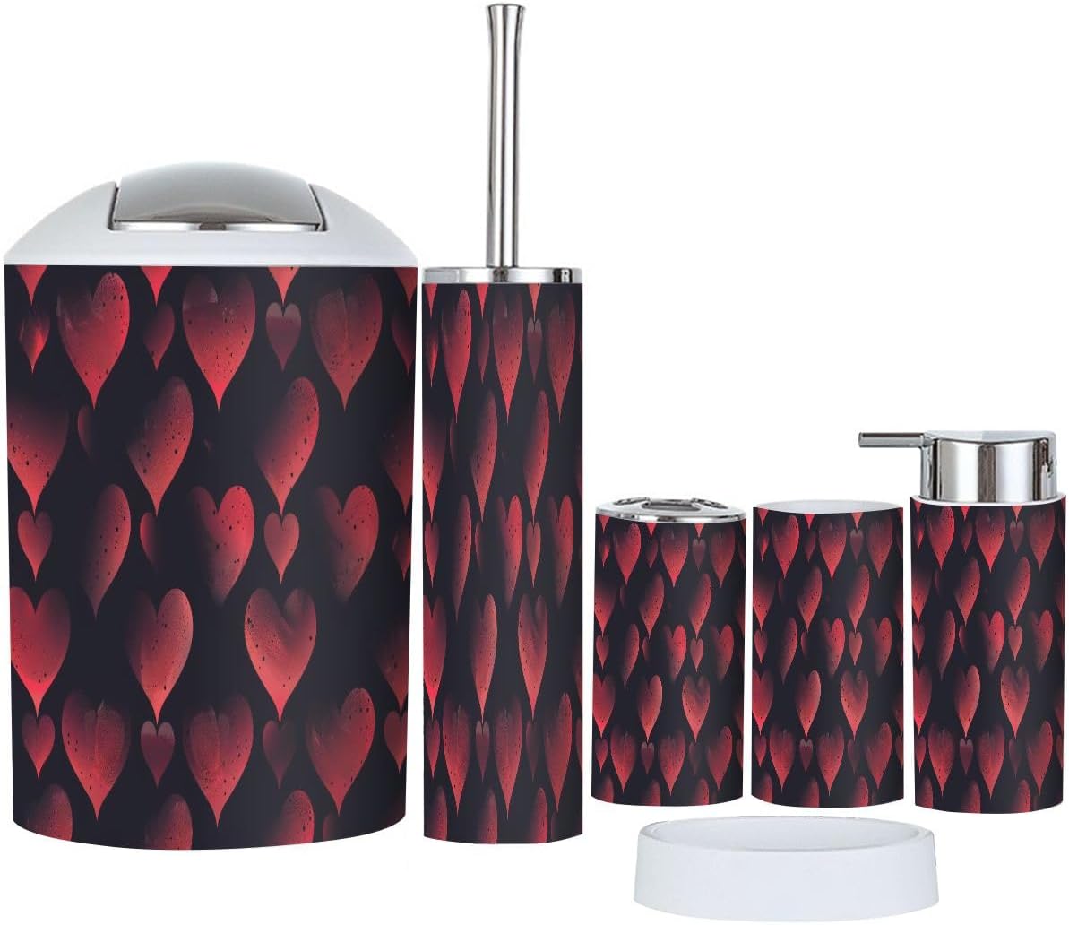Boho Valentine Bath Accessories Set 6 Piece Red Black Hearts