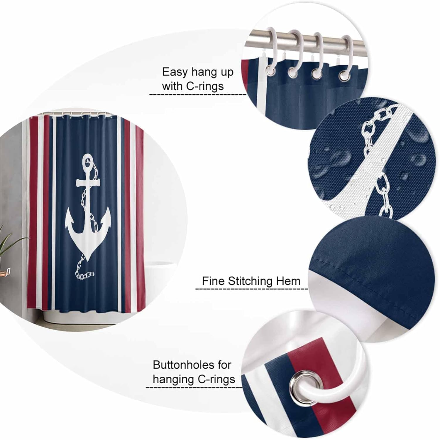 Nautical Anchor Bathroom Set with Curtain Rug and Hooks