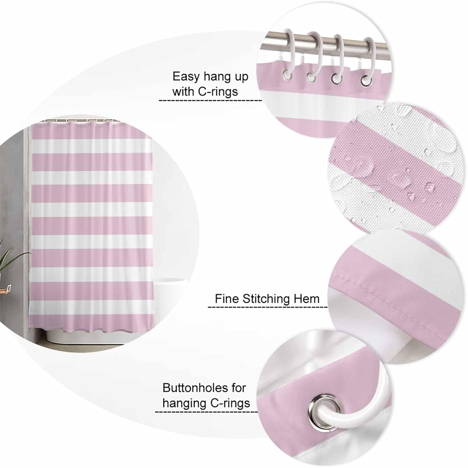 Pink Stripe Bathroom Set with Shower Curtain and Rug and Accessories
