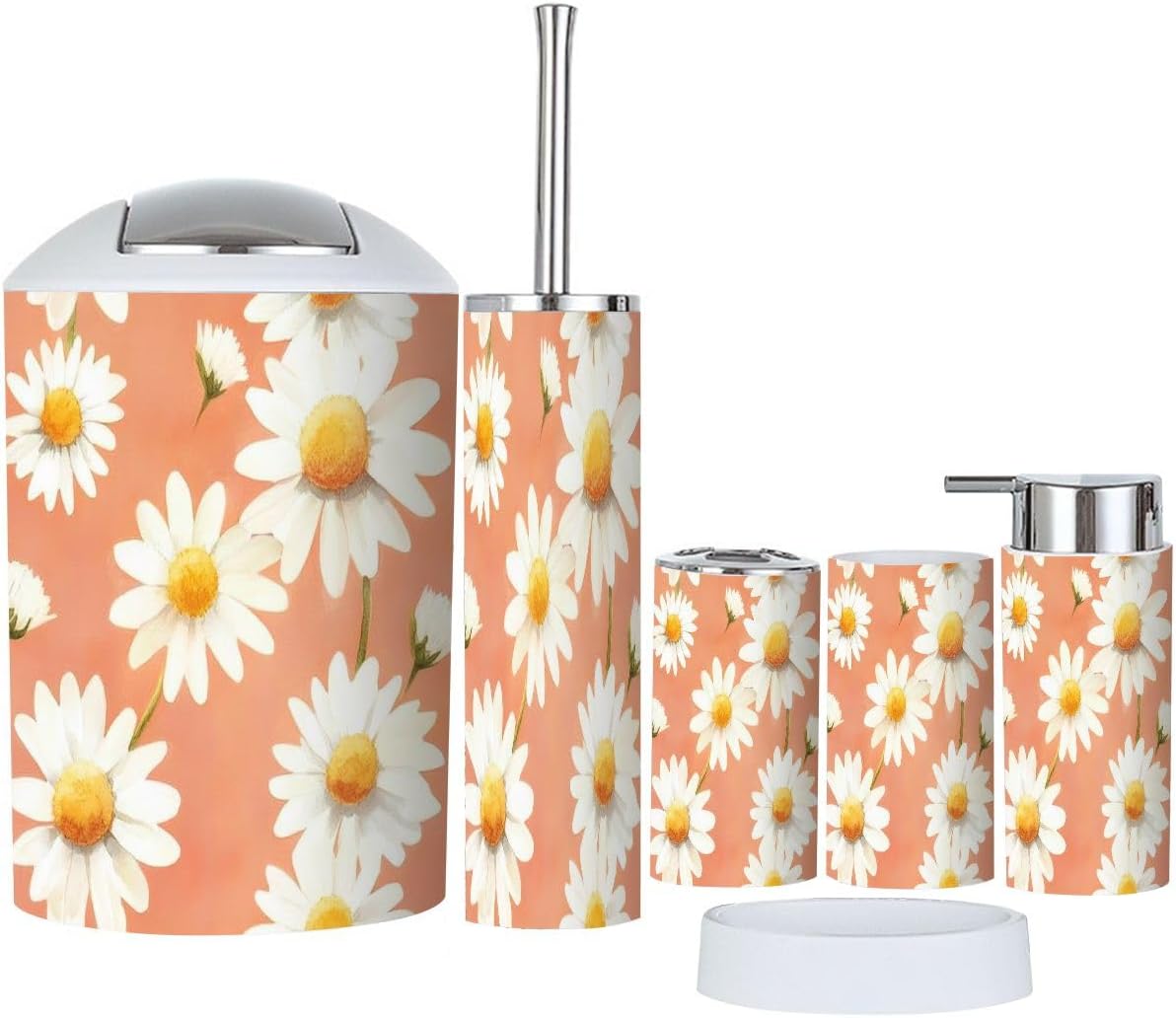 Boho Daisy Pattern 6 Piece Bathroom Accessory Set