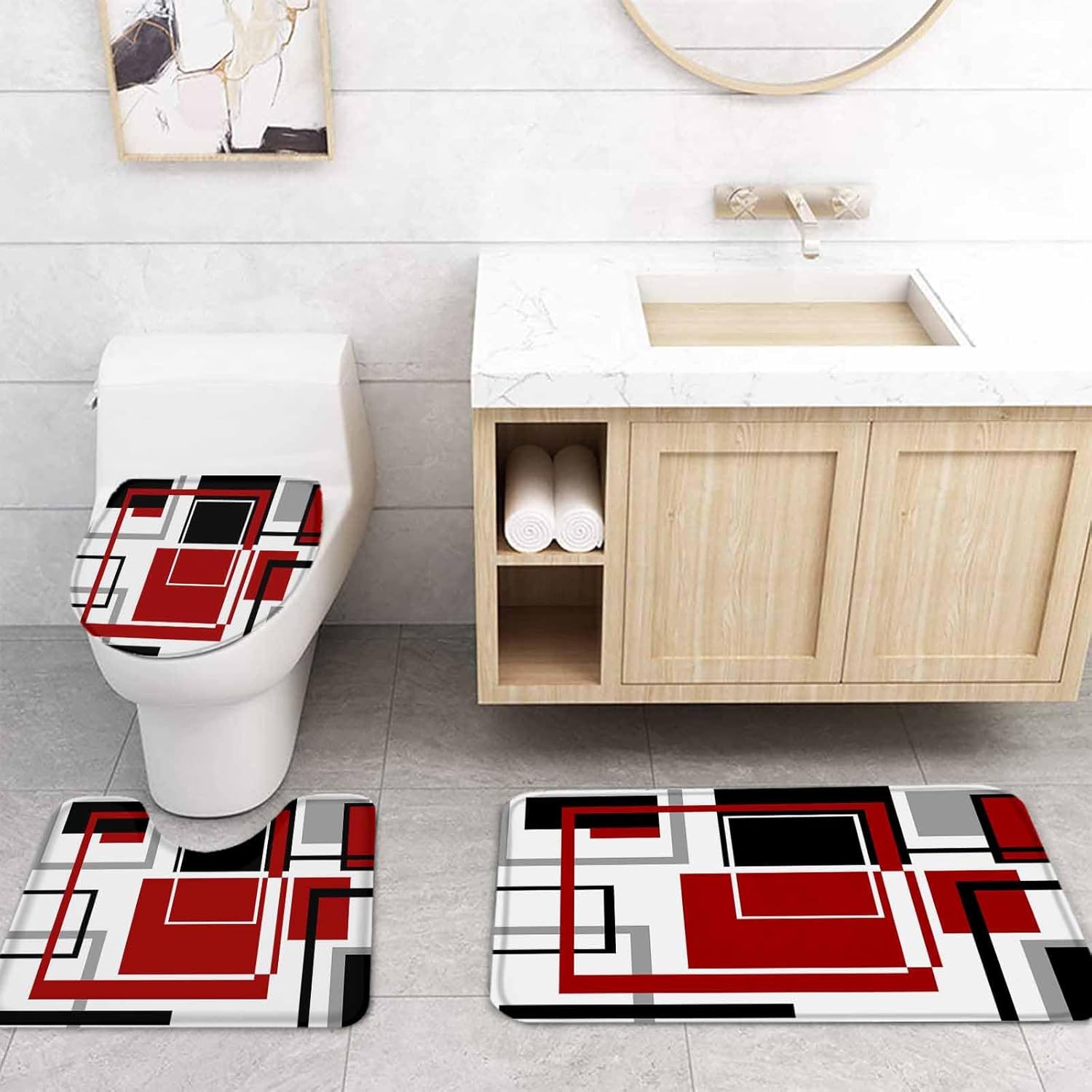 ZOE GARDEN Red Bathroom Set with Curtain Rug and Accessories