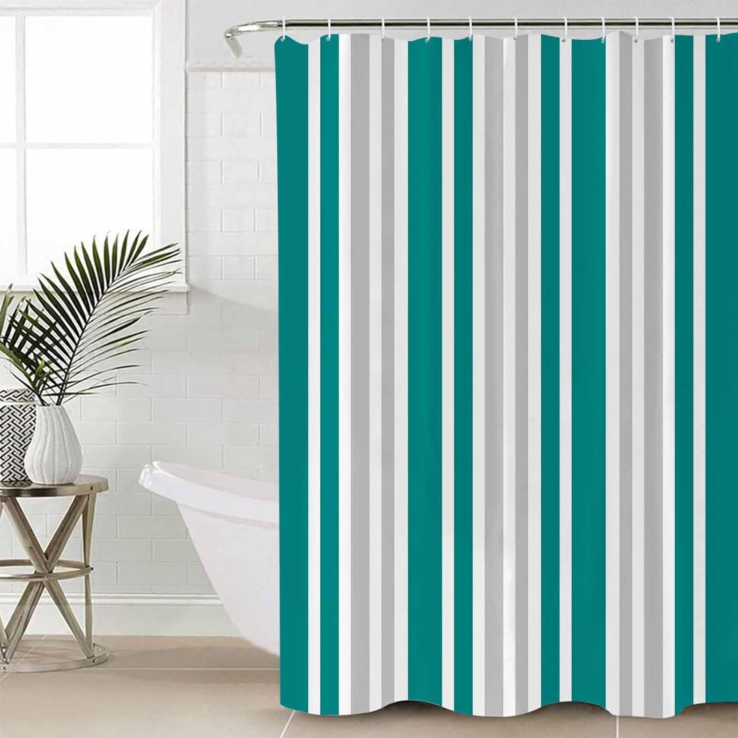 ZOE GARDEN Teal White Bathroom Set with Shower Curtain and Rug