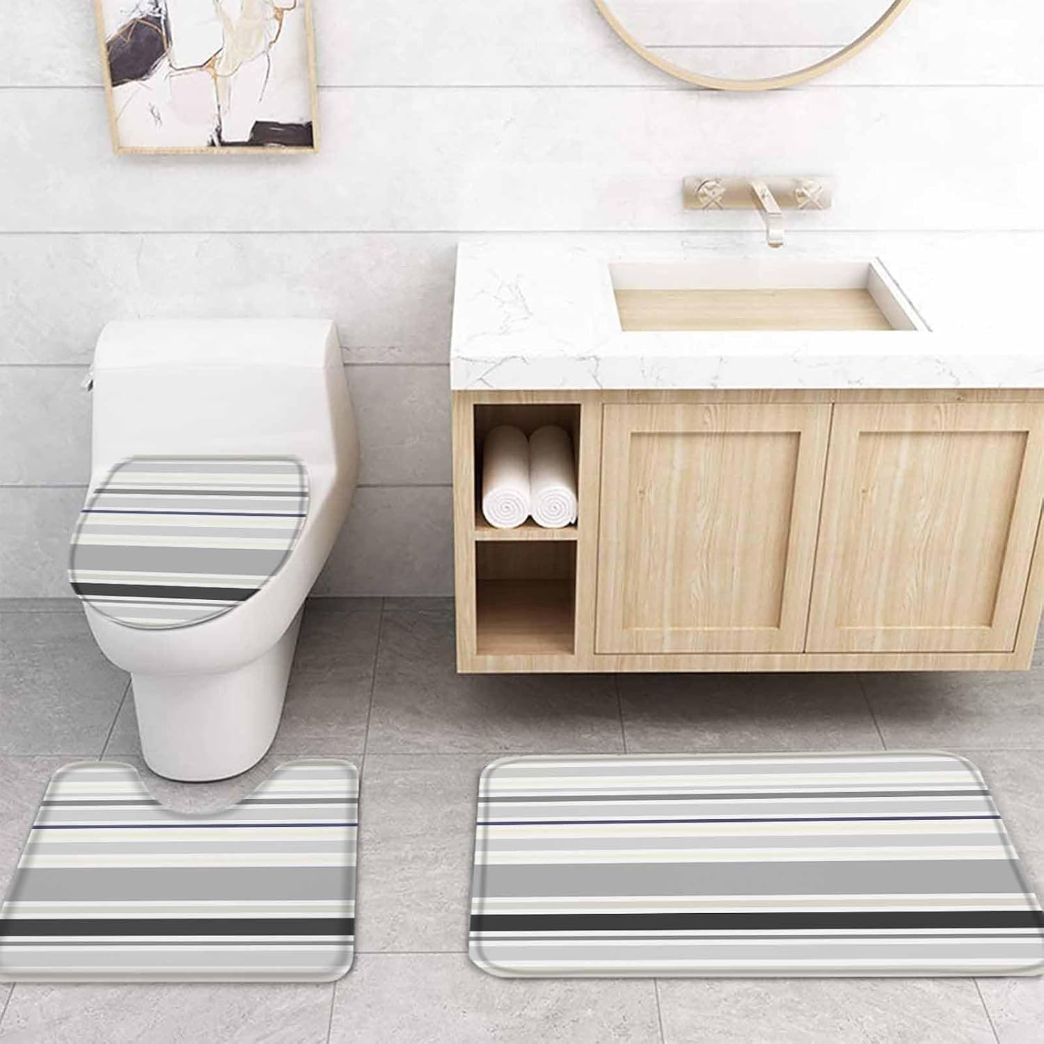 Grey Stropes Bathroom Set with Curtain Rug and Accessories