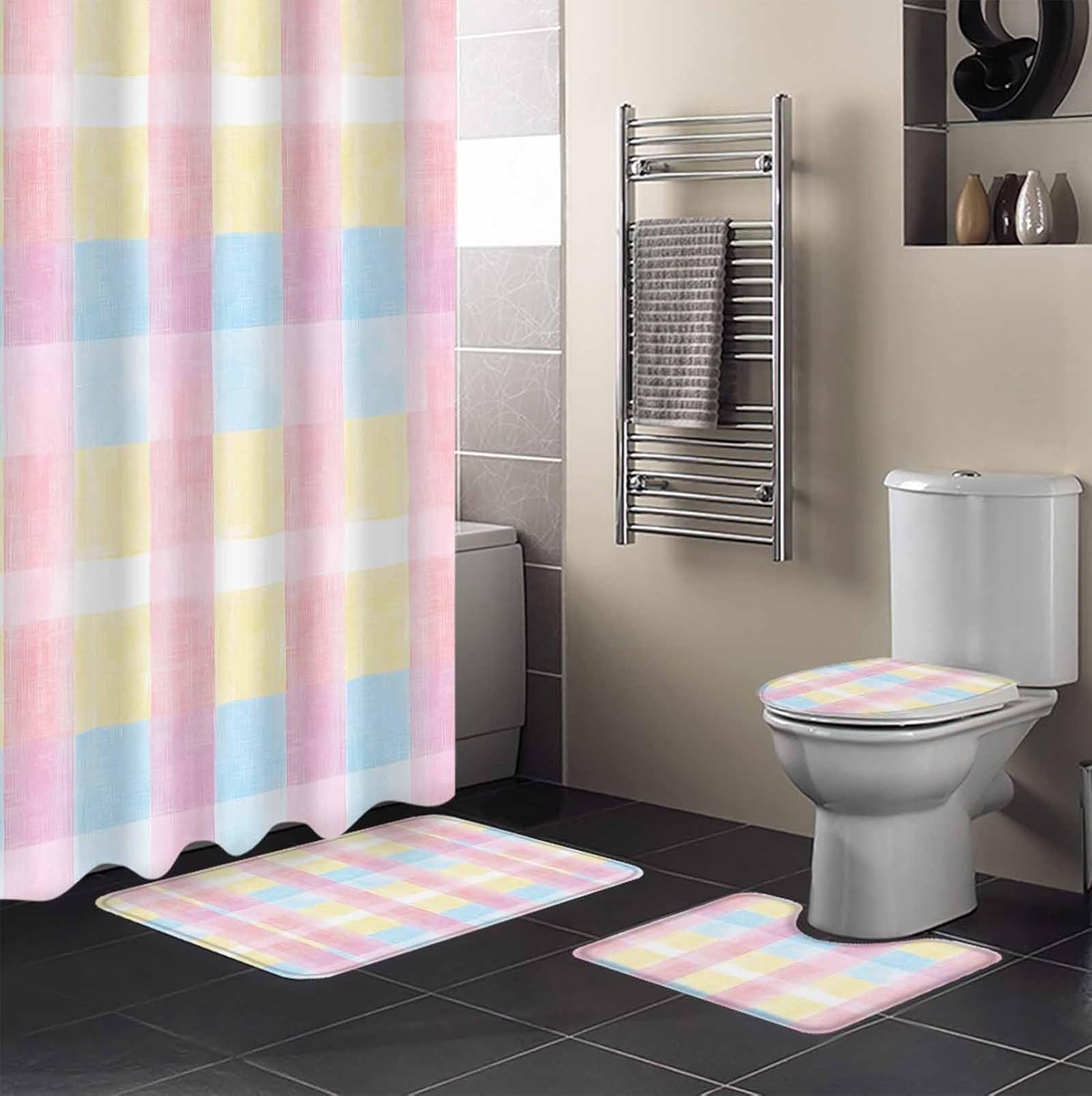 ZOE GARDEN Pink Blue Plaid Bathroom Set