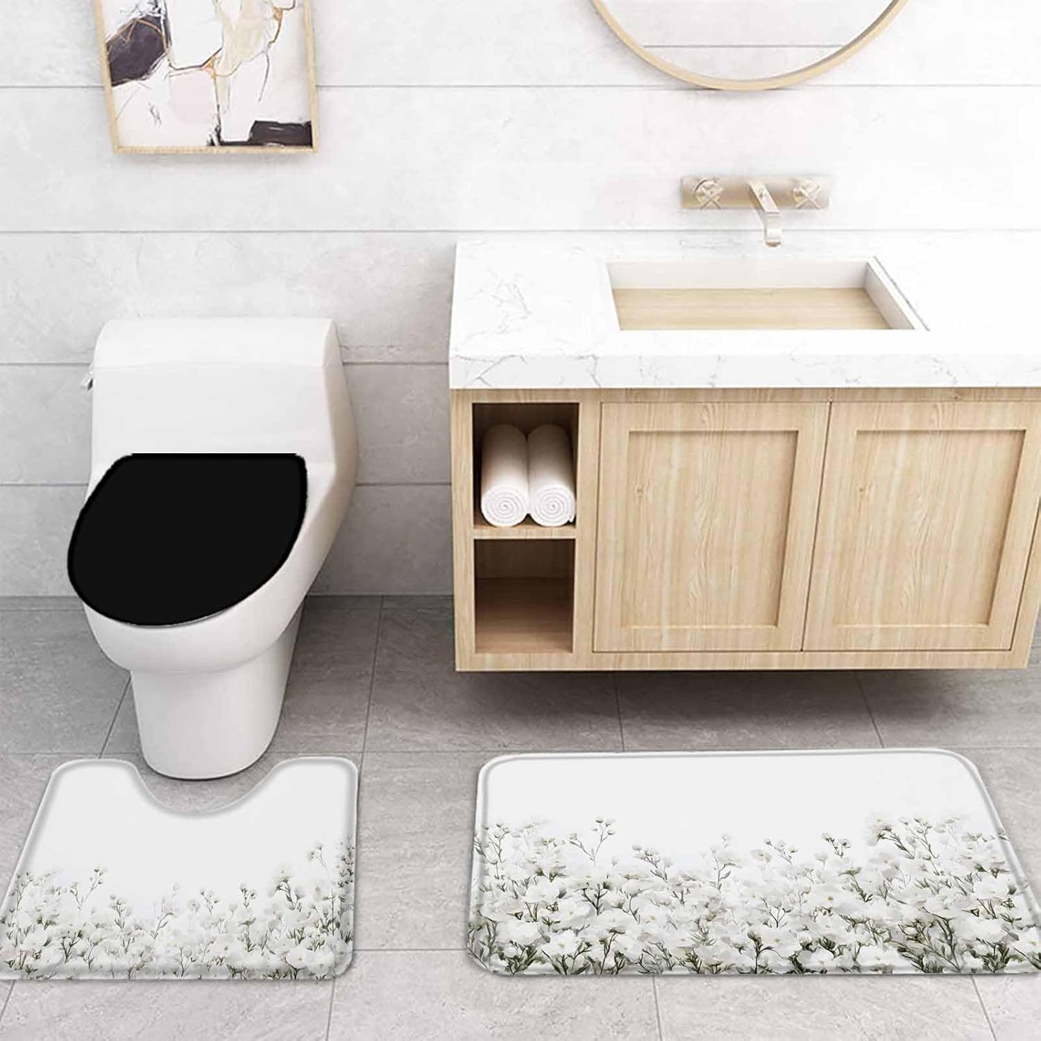 ZOE GARDEN White Floral Bath Set with Curtain Rug and Accessories