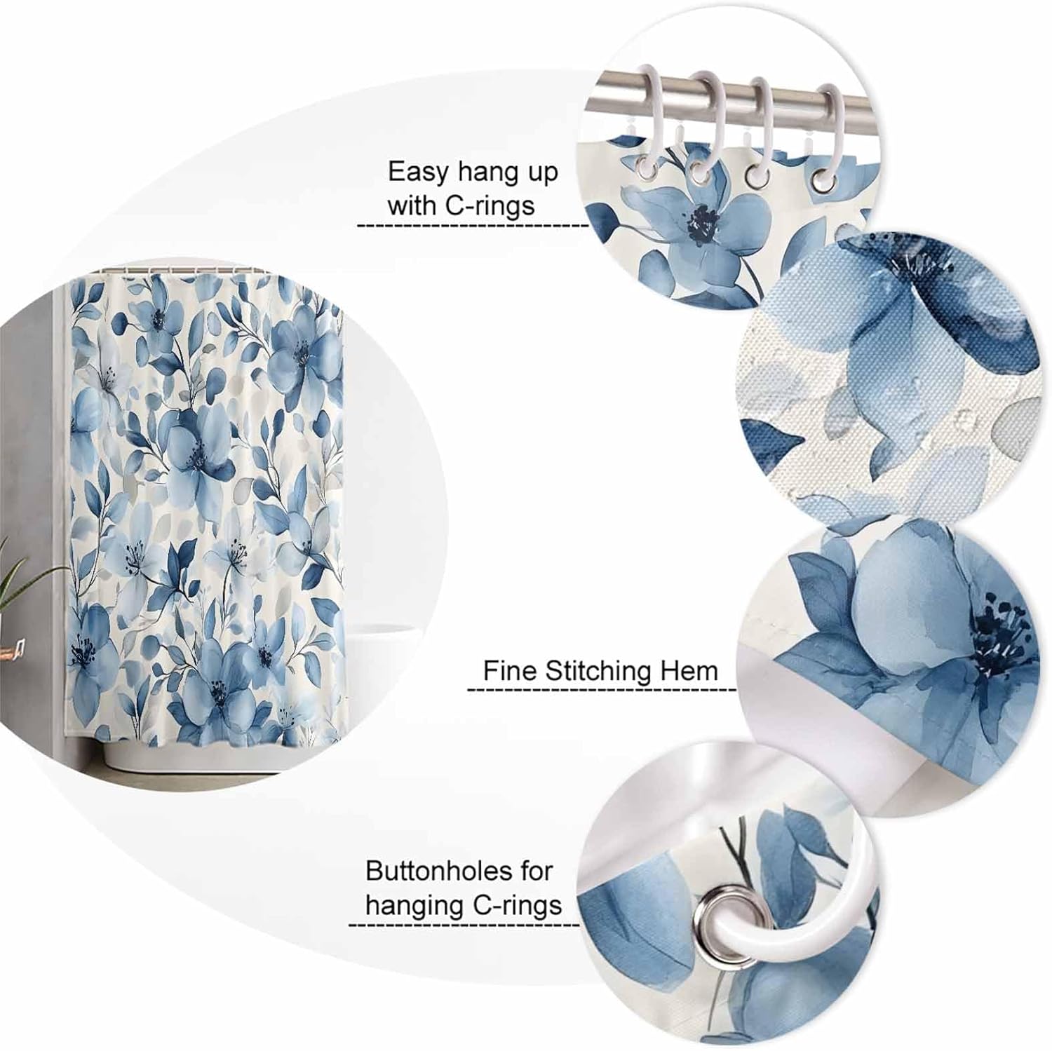 ZOE GARDEN Blue Flower Bath Set with Rug and Curtain