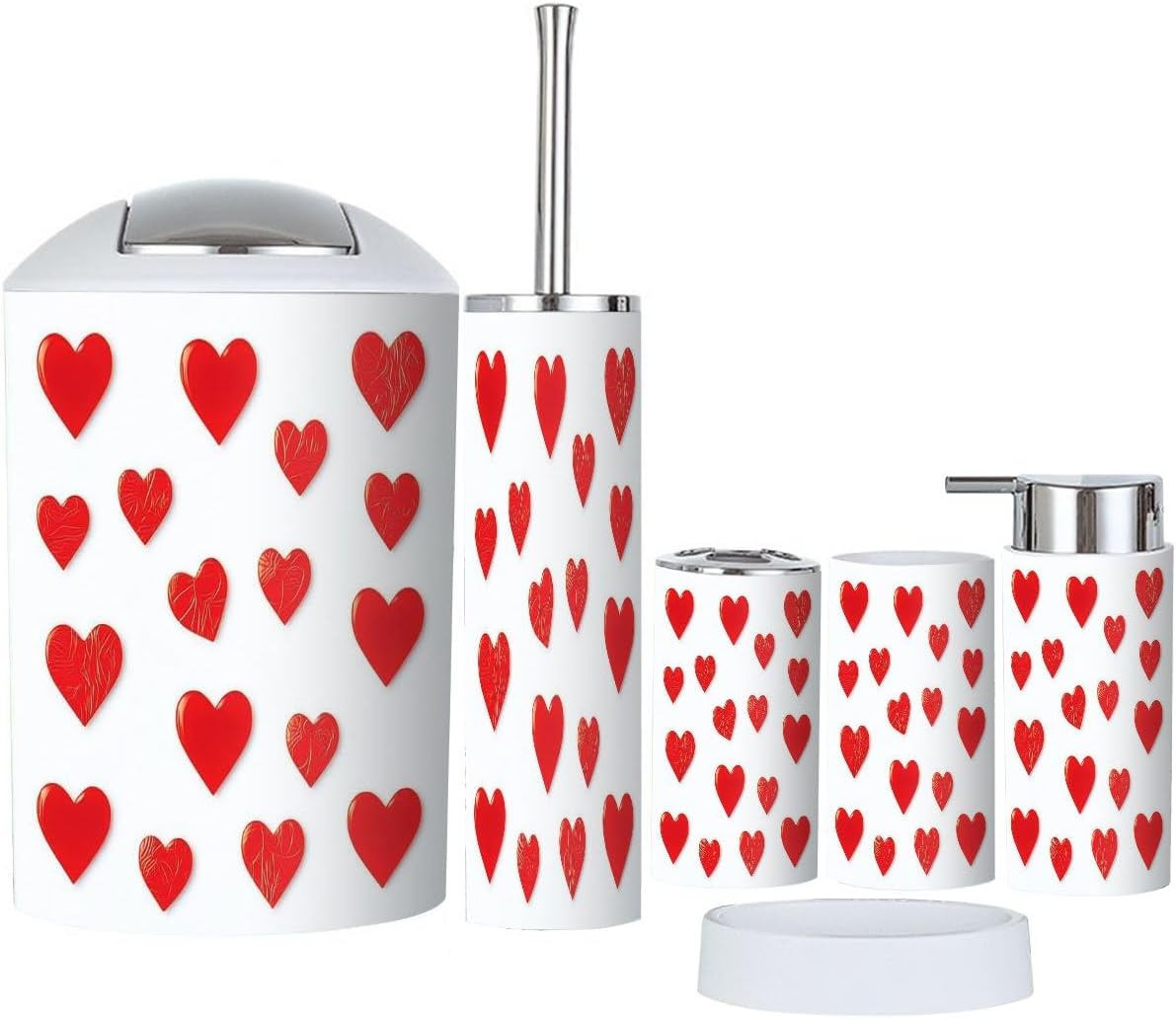 Boho Bathroom Accessory Set 6 Piece Red Hearts Design