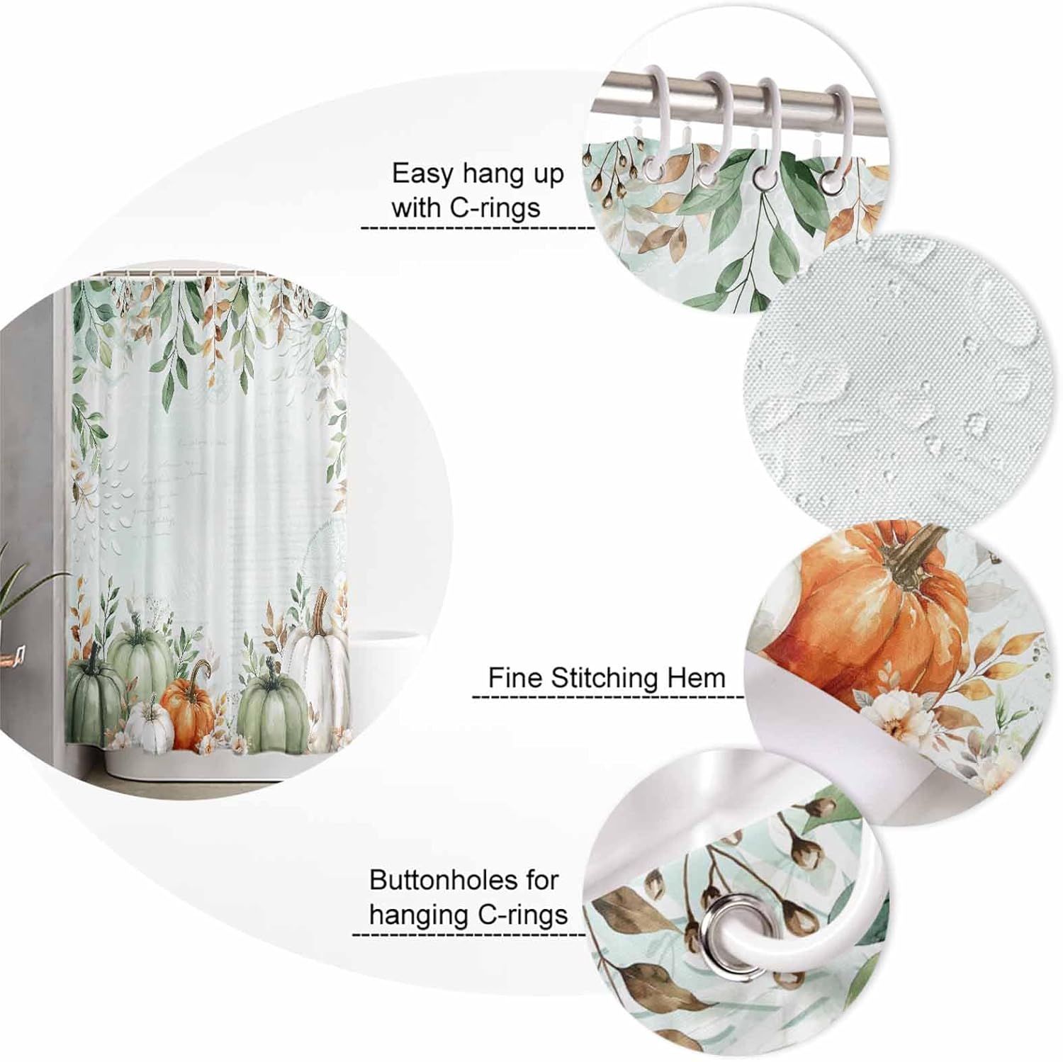 ZOE GARDEN Autumn Pumpkin Bath Set with Curtain Rug and Hooks 1