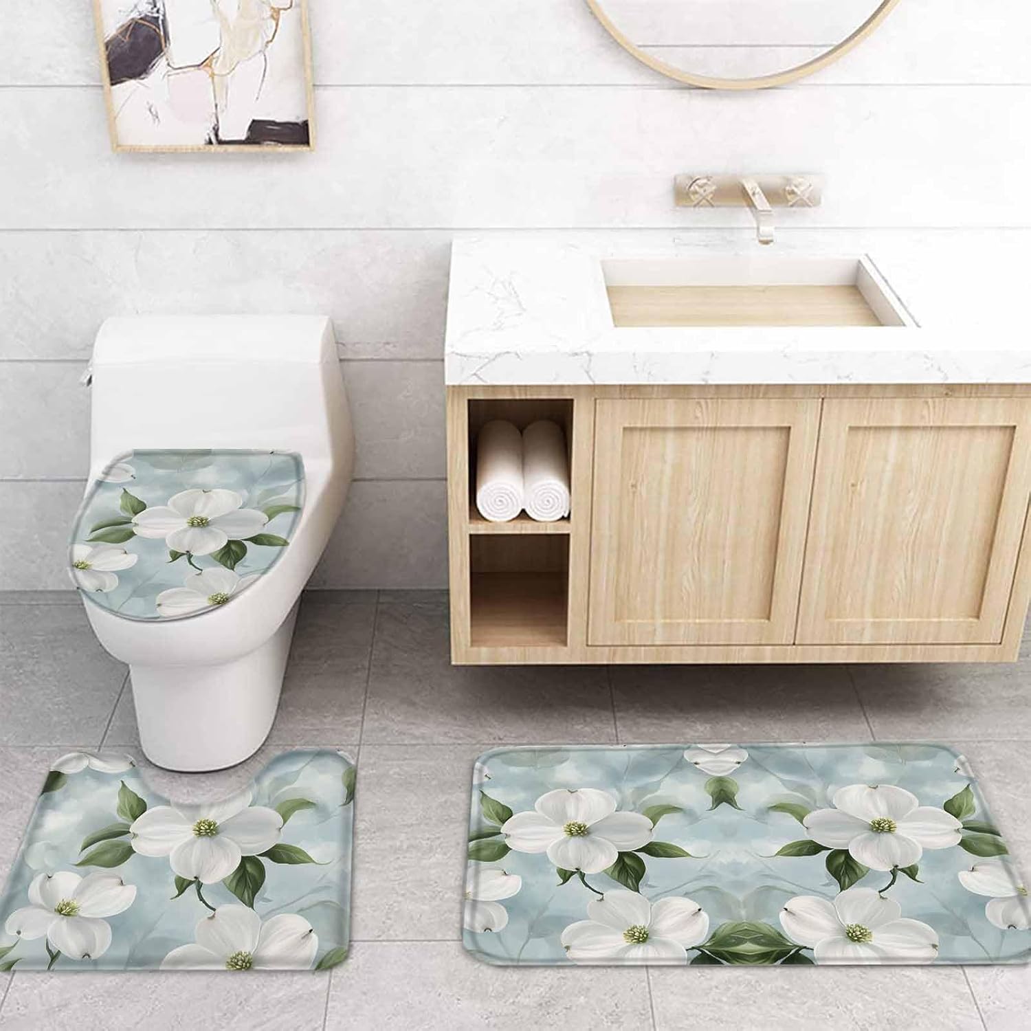White Floral Bathroom Set with Curtain and Rug - 36x72 Inches