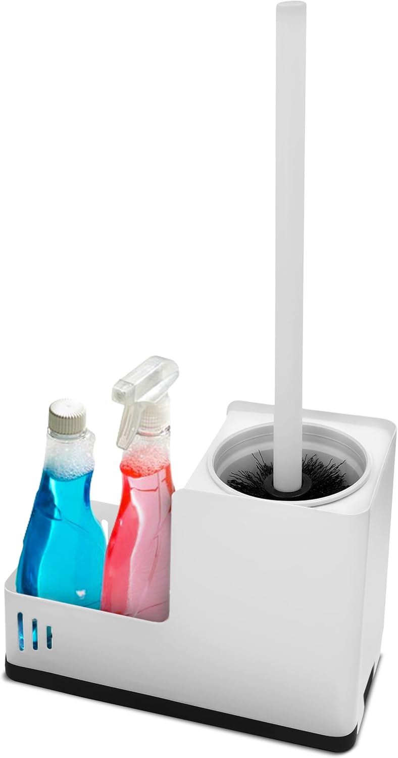 White Toilet Brush and Holder Set - Wall Mounted with Tray and Compartment