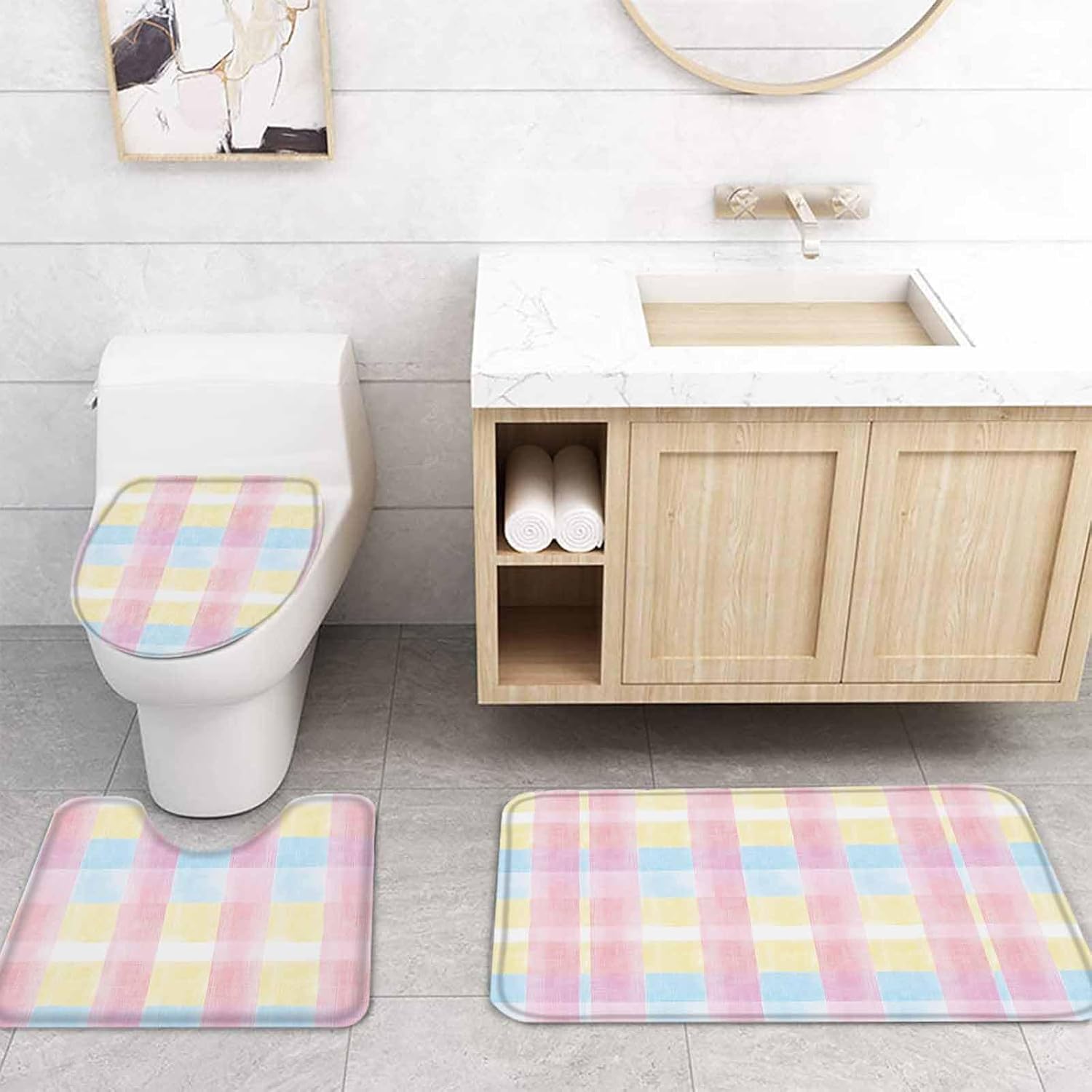 ZOE GARDEN Pink Blue Plaid Bathroom Set