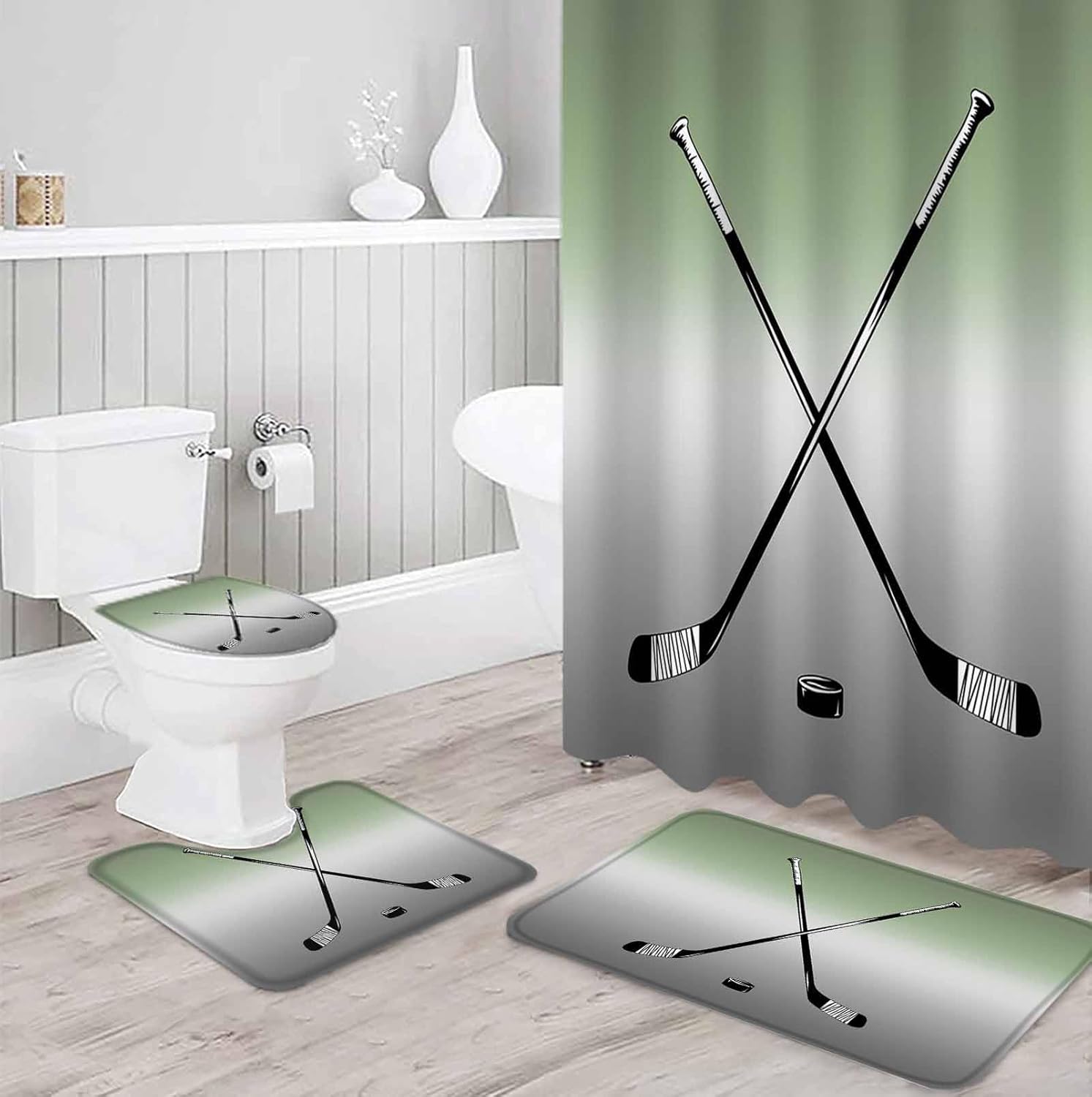 Sage Green Bathroom Set with Curtain Rug and Hooks - 72x72 Inches