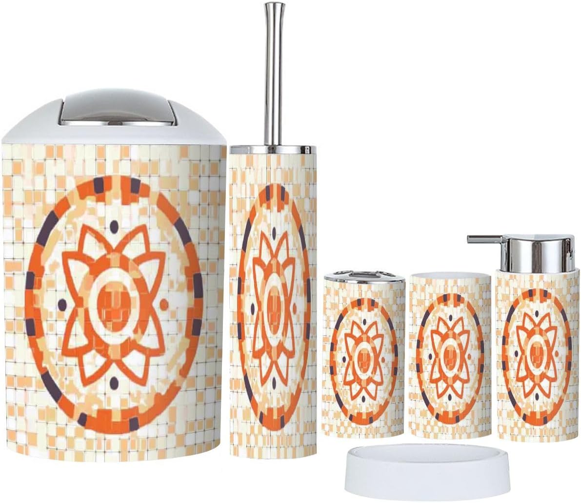 Boho Orange Tile Bathroom Accessory Set 6 Piece