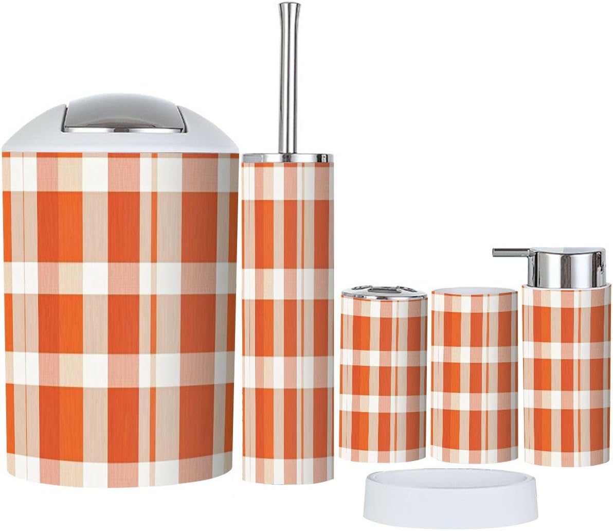 Boho Orange Plaid Bathroom Accessory Set 6 Piece