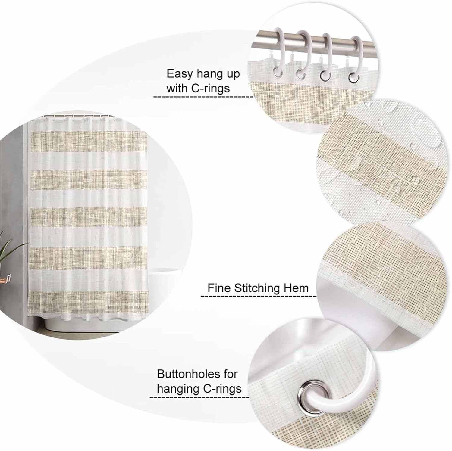 ZOE GARDEN Beige Stripe Bathroom Set with Shower Curtain and Rug