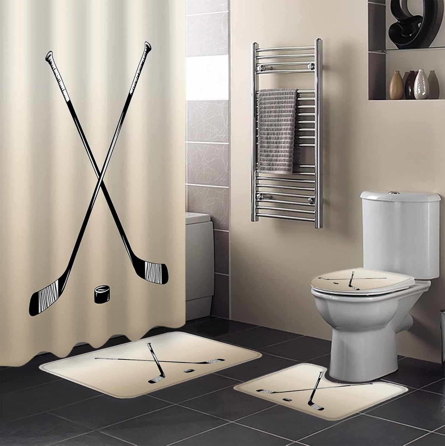 Beige Hockey Bathroom Set with Curtain Rug and Accessories