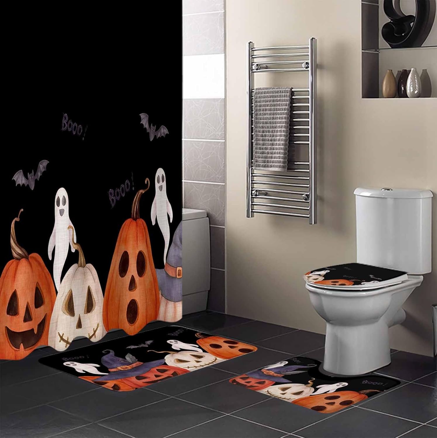 ZOE GARDEN Halloween Black Bath Set with Curtain Rug and Hooks