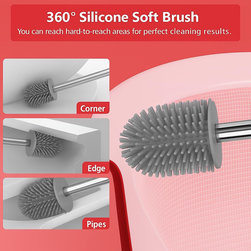 Silicone Toilet Brush with Holder - No-Drill Mount Ventilated Design