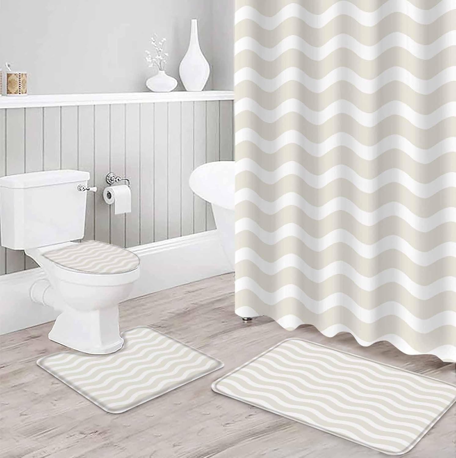 Cream Striped Bathroom Set with Shower Curtain and Rug Accessories
