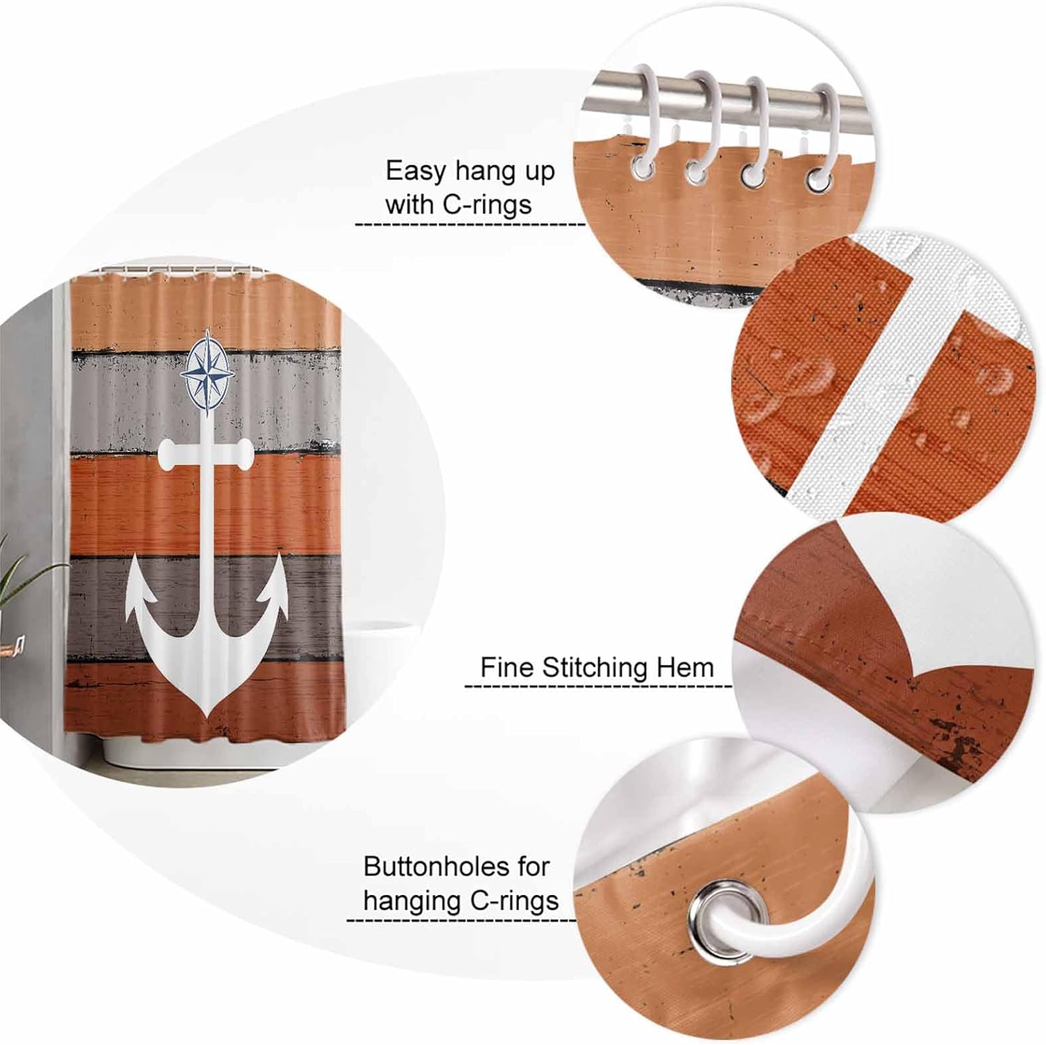 Anchor Orange Bathroom Set with Shower Curtain and Rug