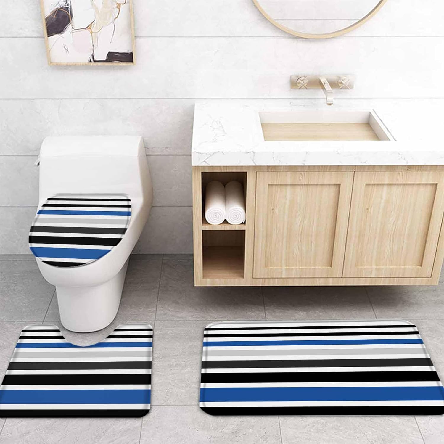 ZOE GARDEN Blue Black Bathroom Set with Curtain Rug Hooks