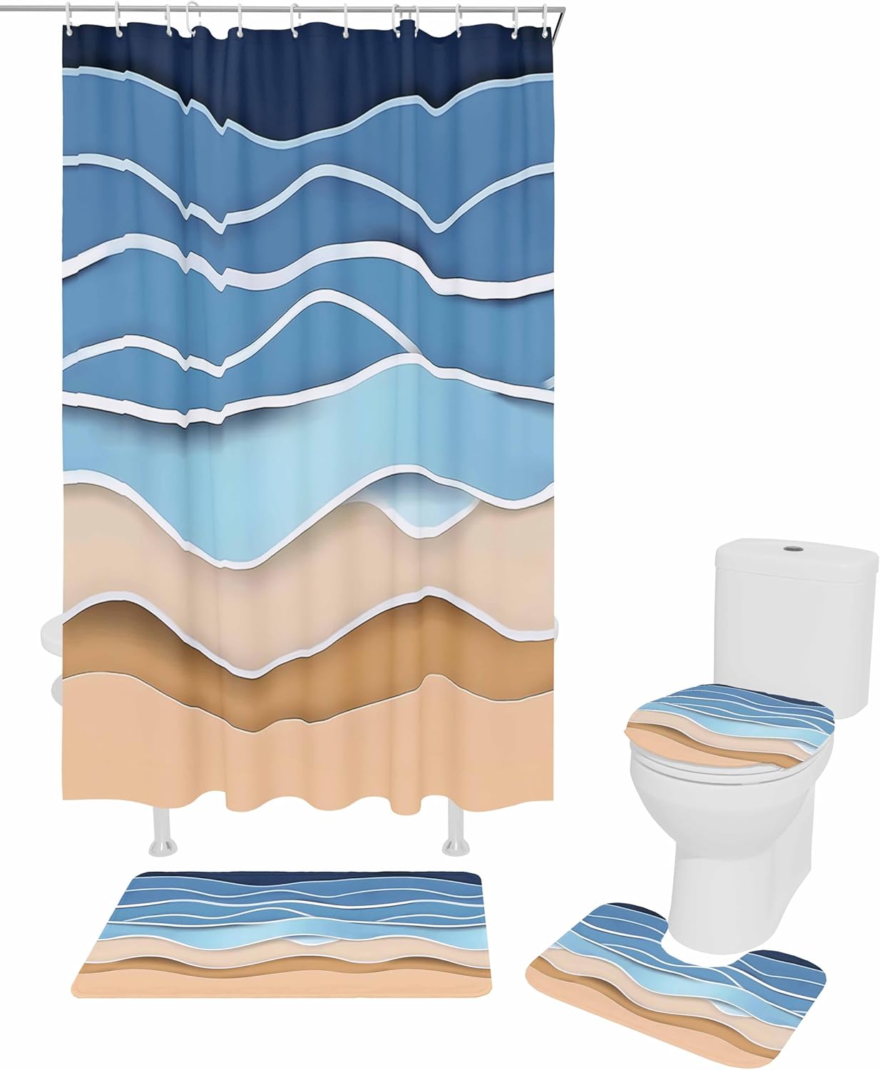 Coastal Blue Bathroom Set with Rug and Curtain