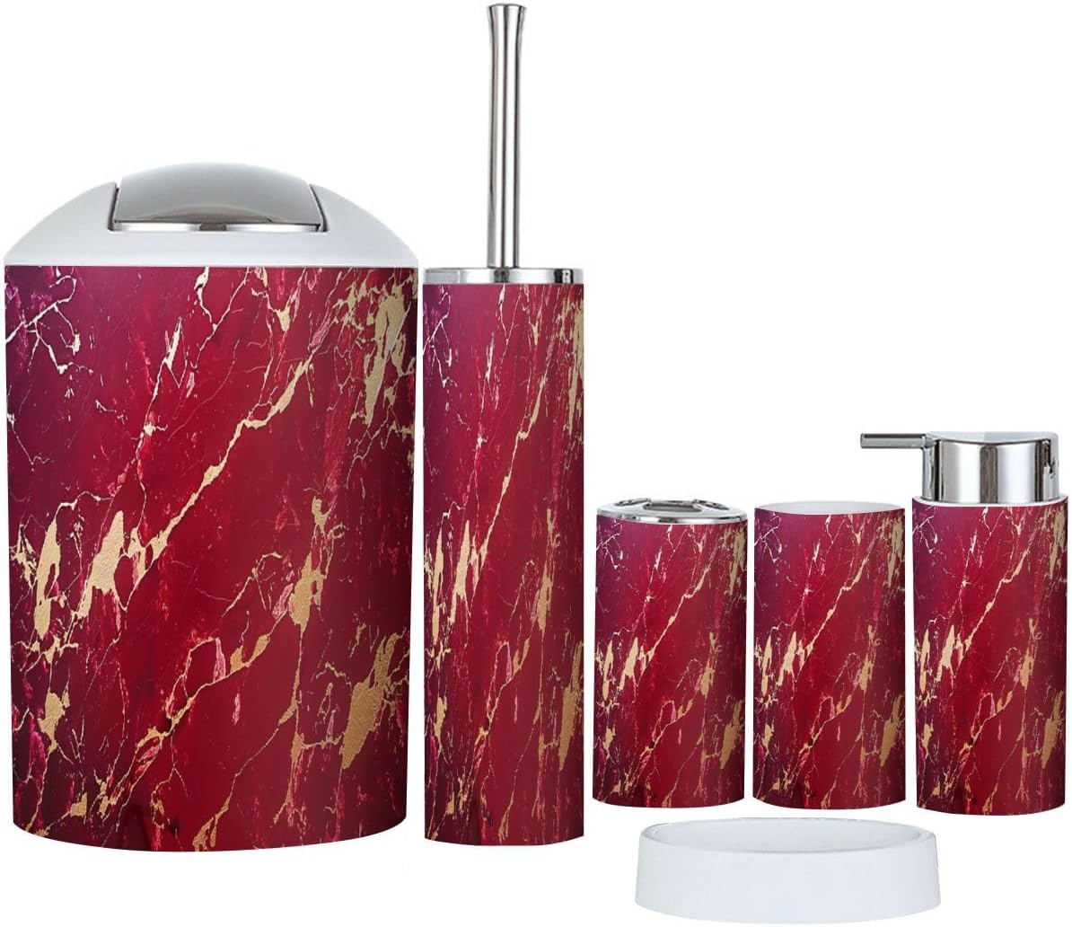 Boho Modern 6-Piece Bathroom Accessory Set in Red and Golden Maroon