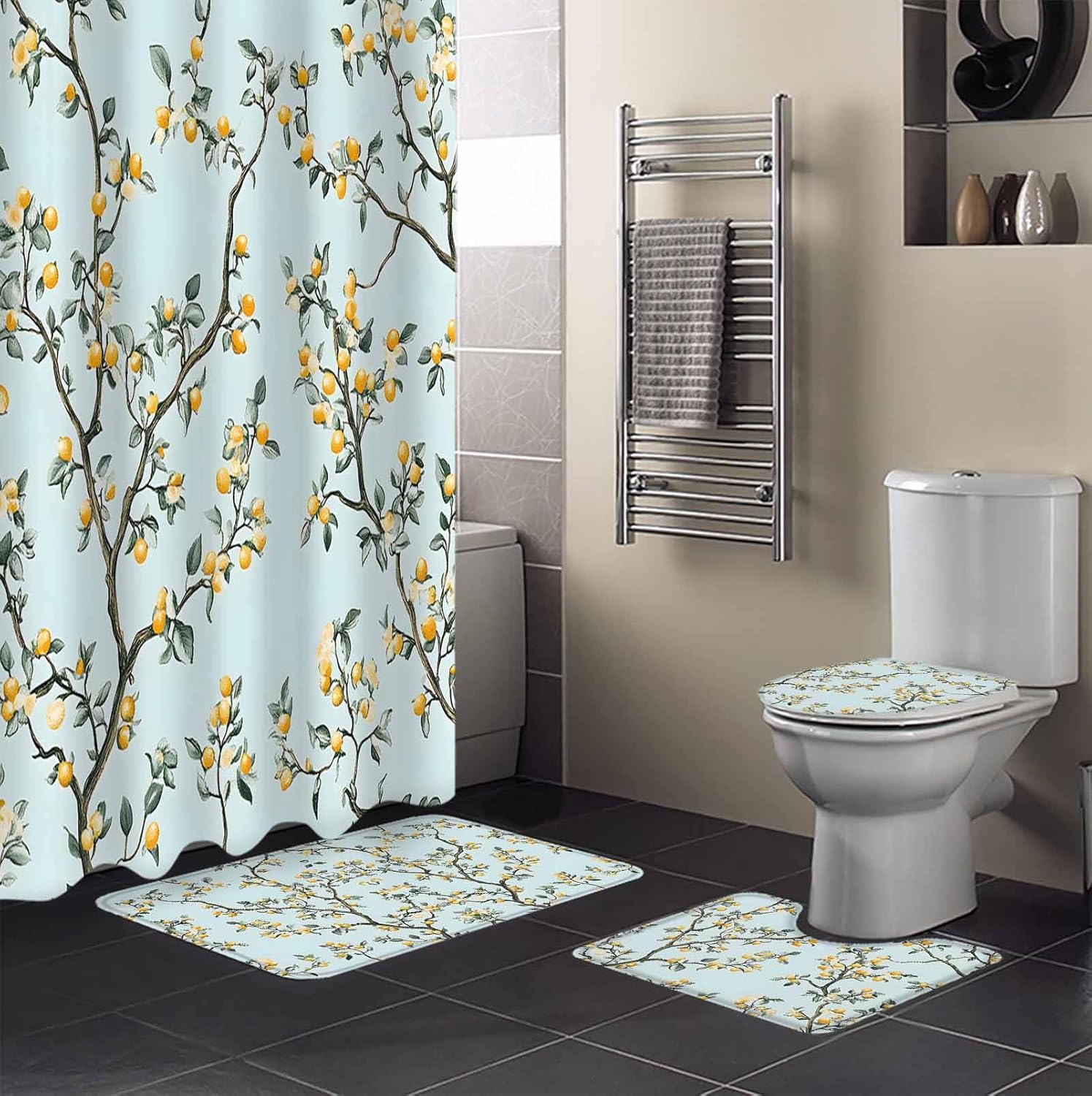ZOE GARDEN Yellow Lemon Bathroom Set with Curtain Mat and Accessories