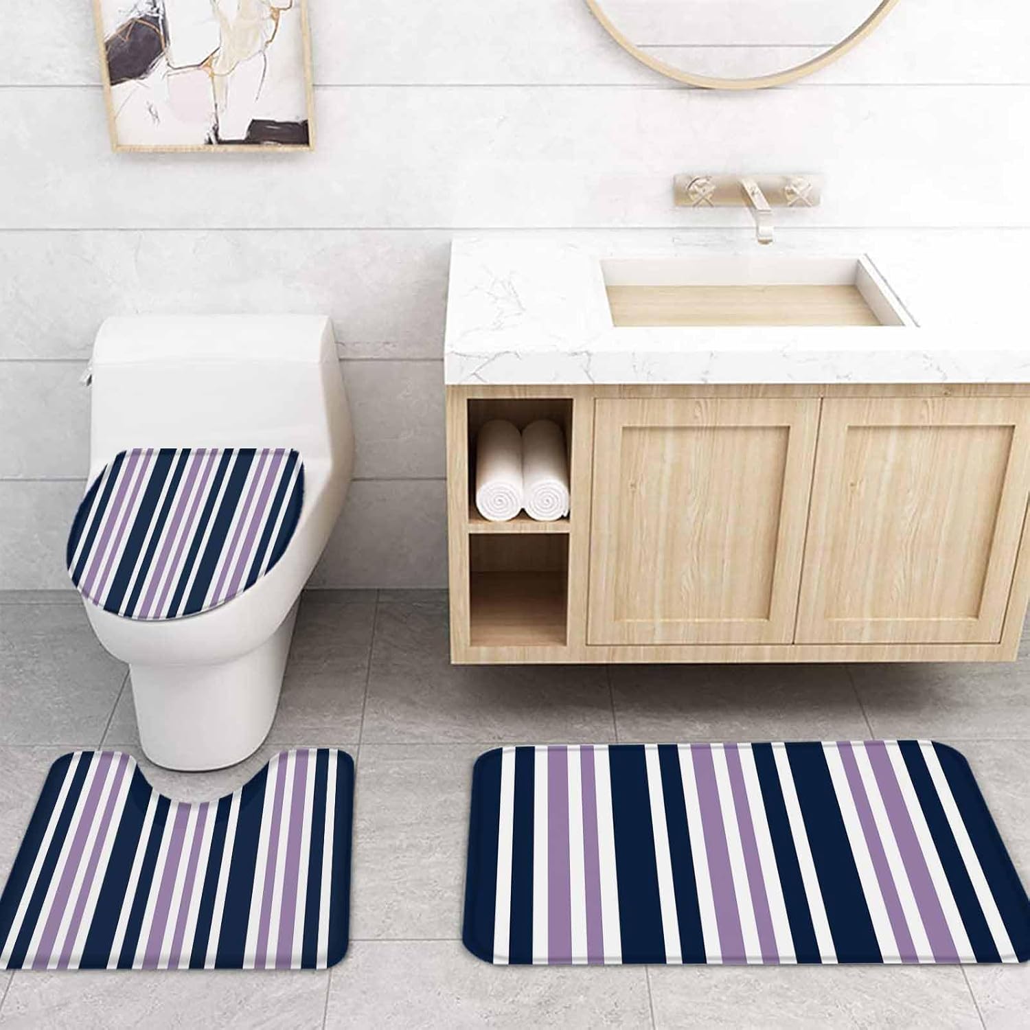 Navy Purple Bathroom Set with Shower Curtain Rug and Accessories