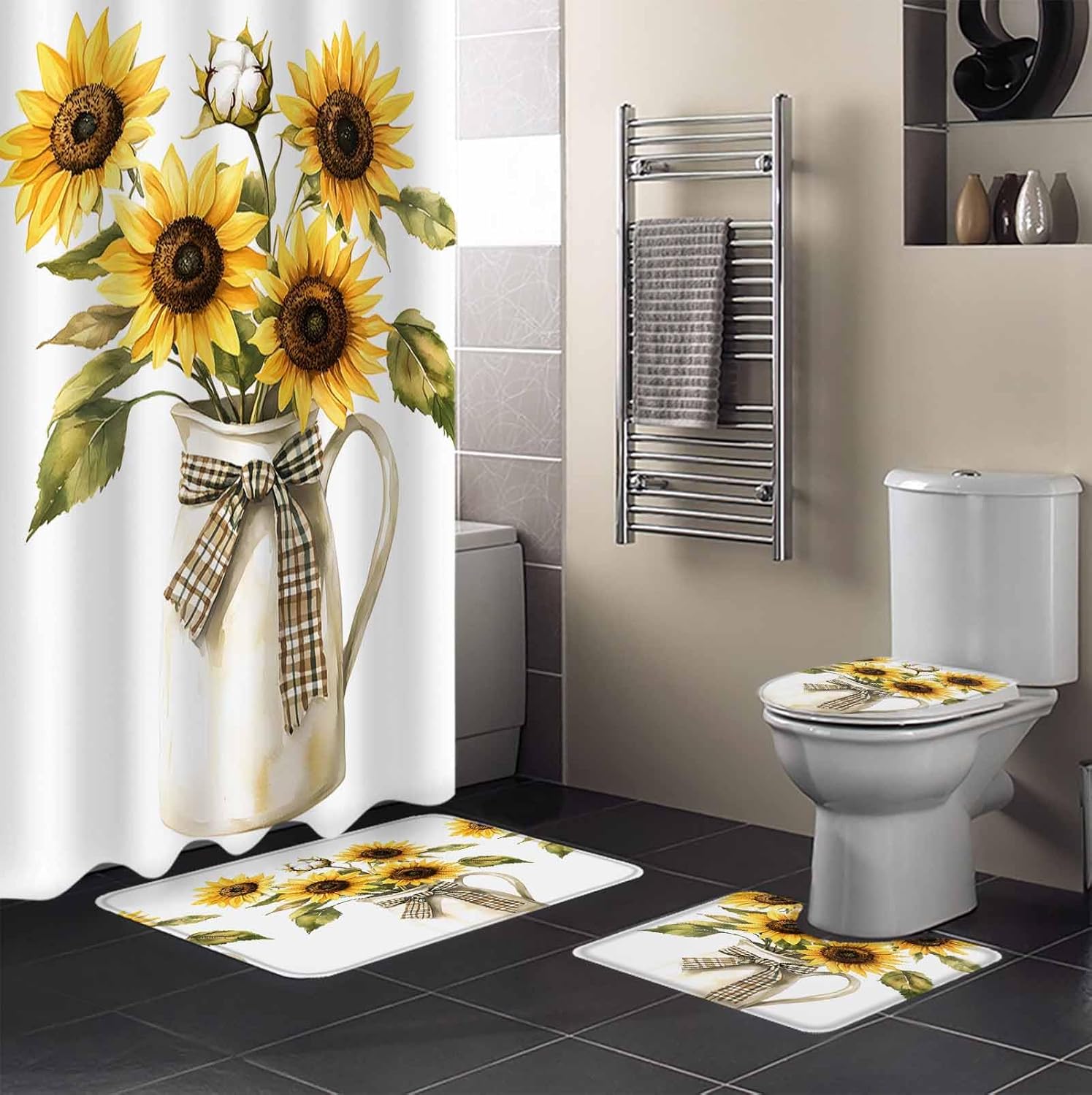 ZOE GARDEN Sunflower Bathroom Set with Curtain Rug and Hooks
