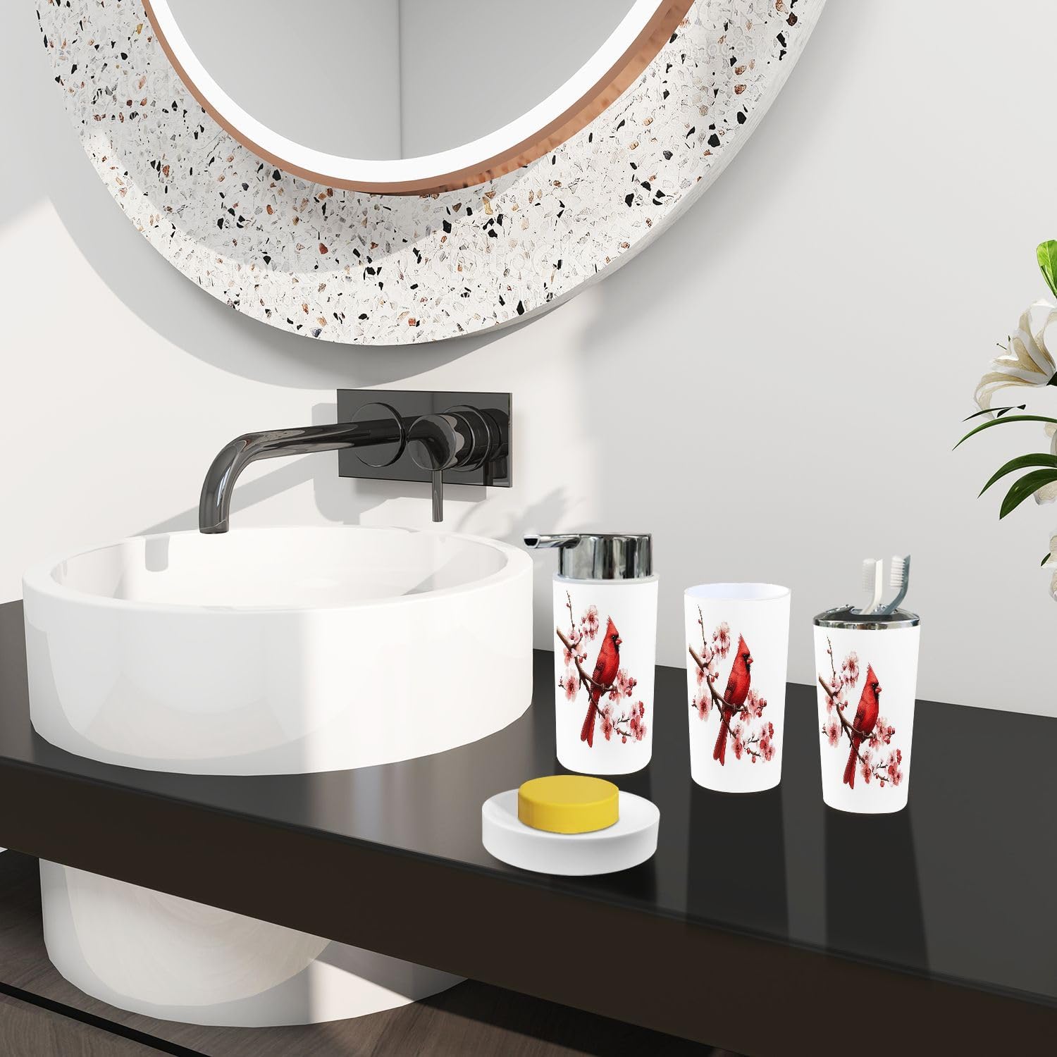 Boho Bird Red Bathroom Accessories Set 6 Piece