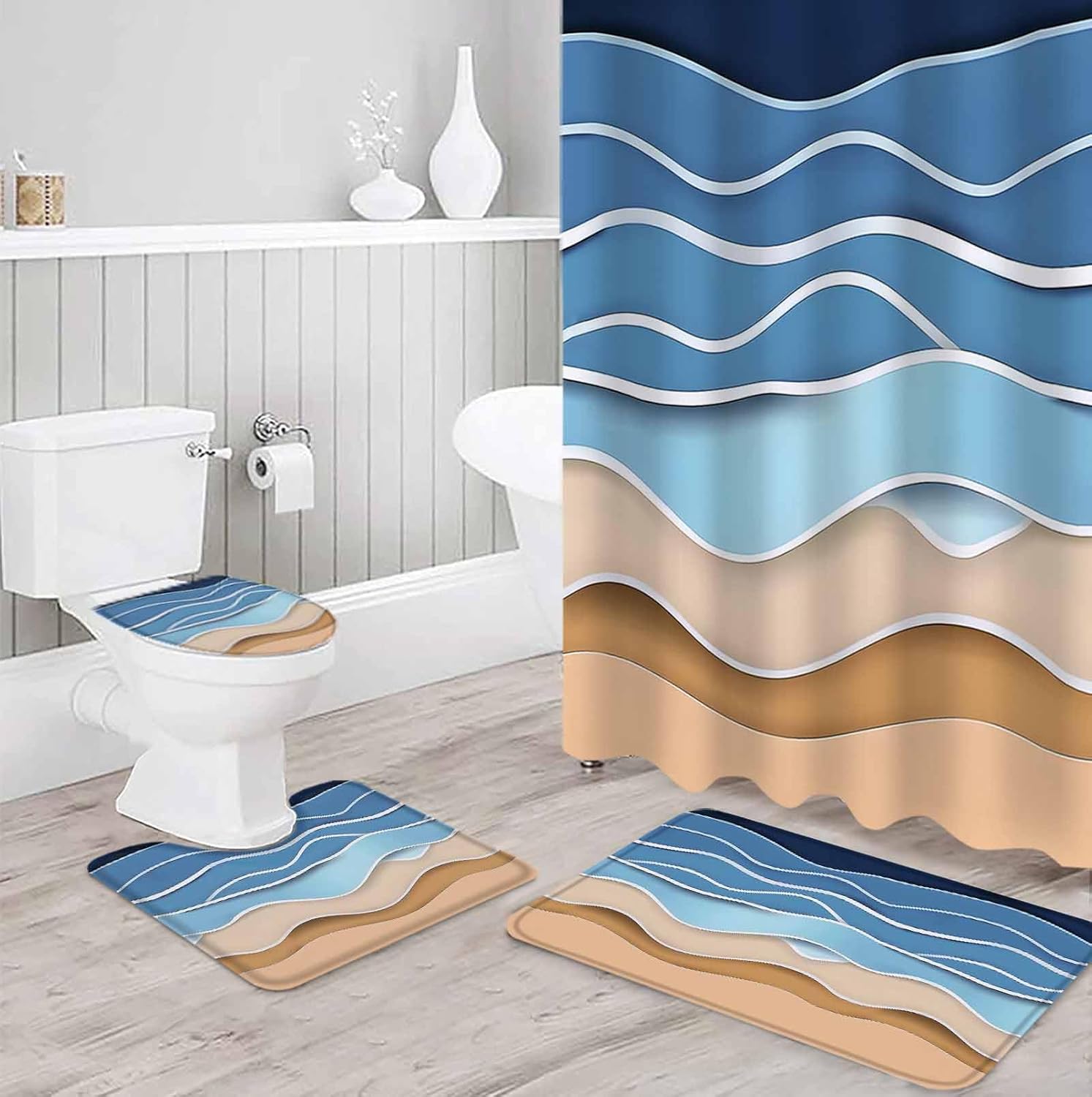 Coastal Blue Bathroom Set with Rug and Curtain