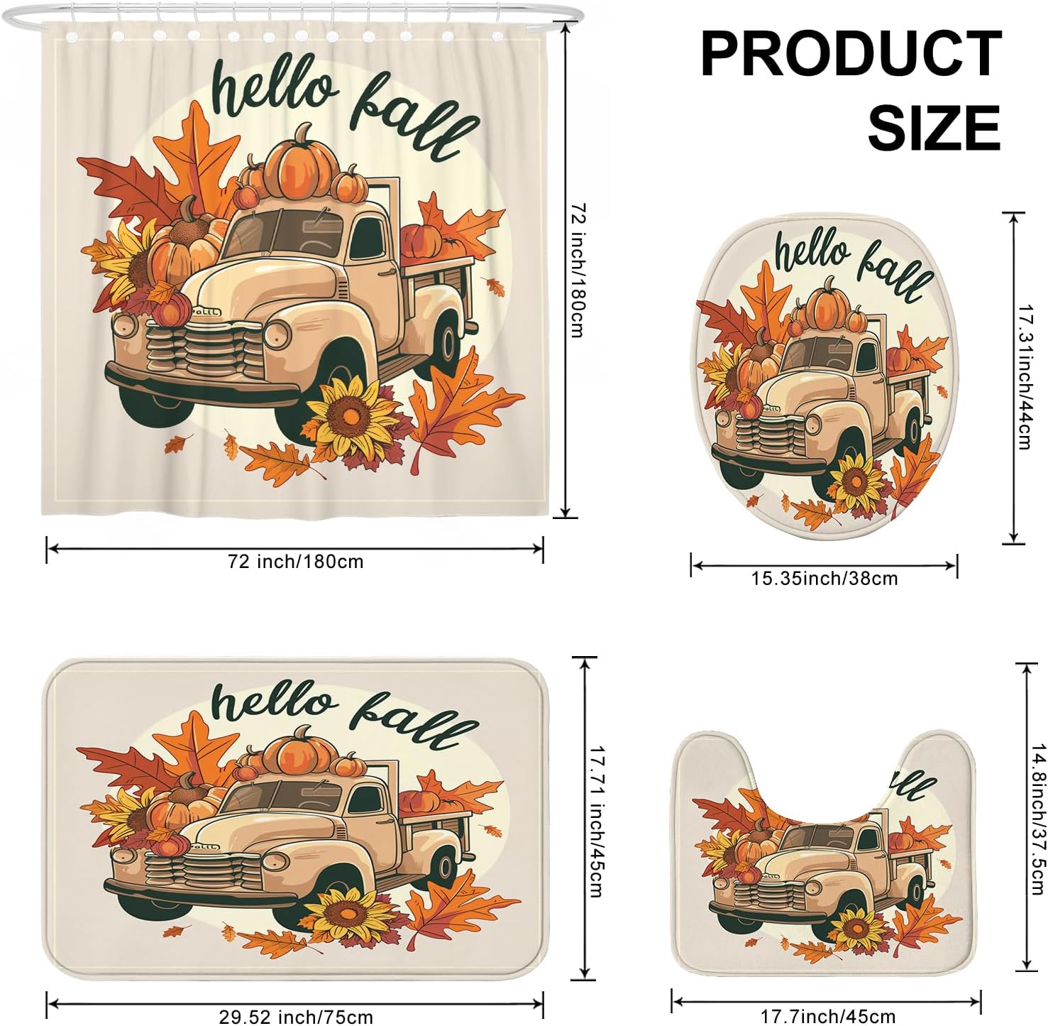 4PCS Fall Kawaii Truck Bathroom Sets with Non-Slip Rug