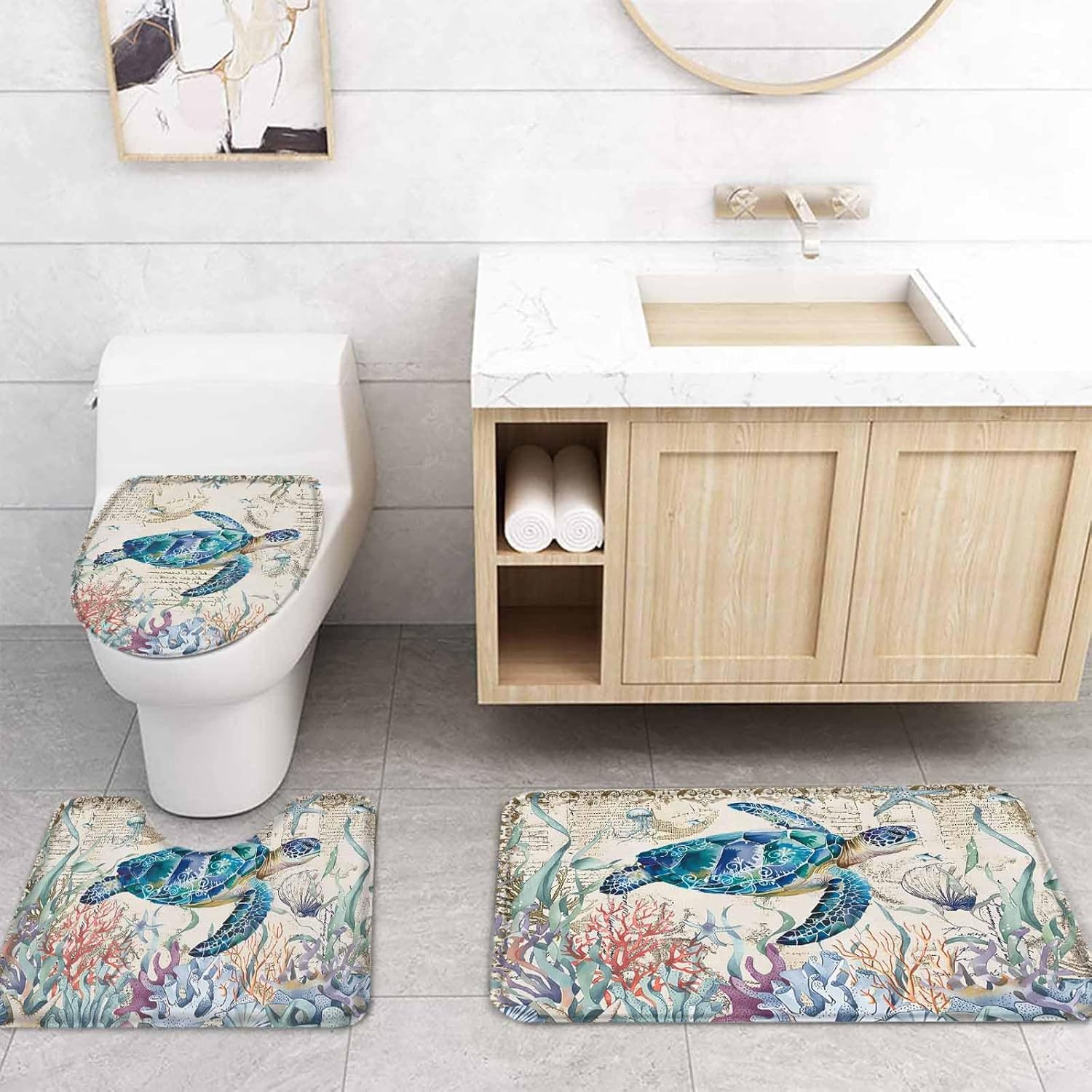 ZOE GARDEN Coastal Turtle Bathroom Set with Rug and Curtain