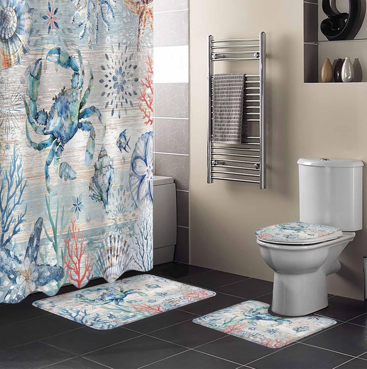 ZOE GARDEN Retro Blue Bathroom Set with Curtain Rug and Hooks