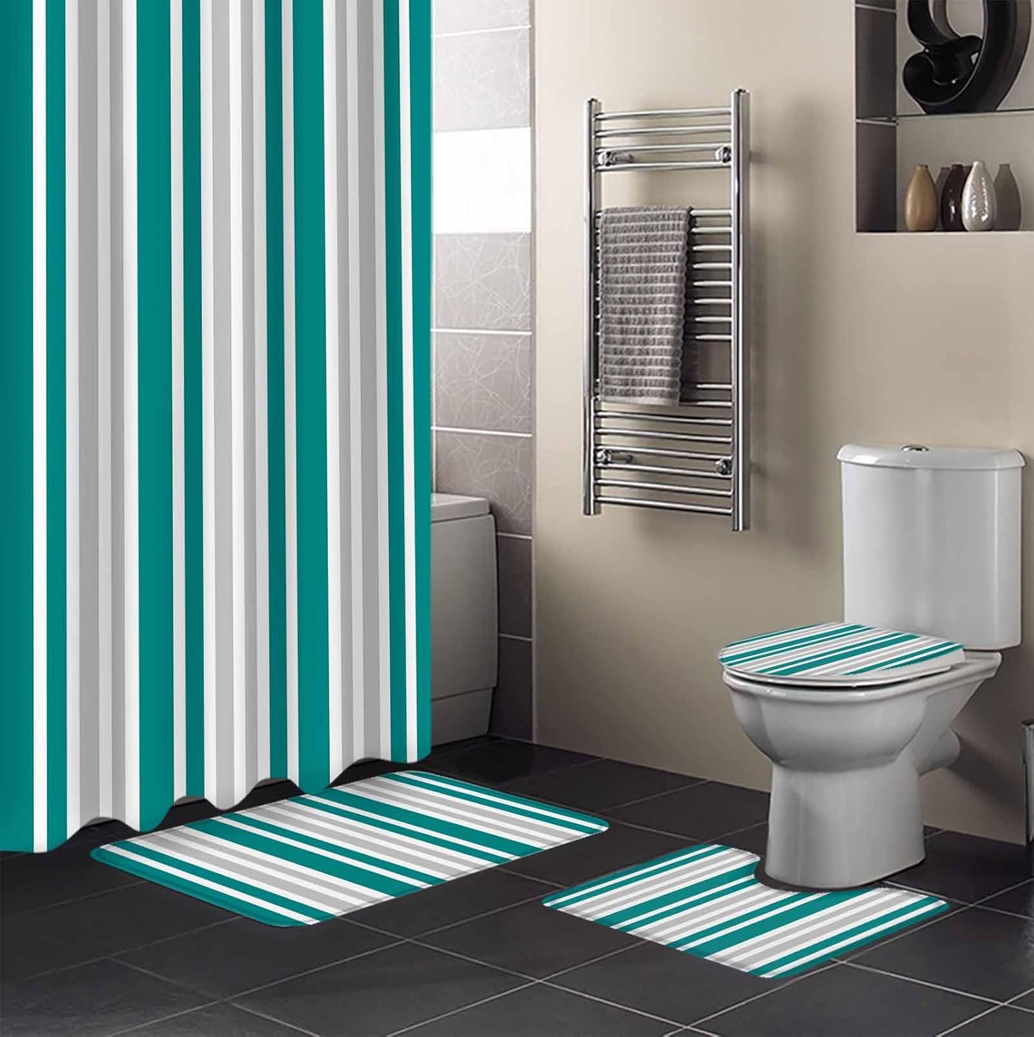 ZOE GARDEN Teal White Bathroom Set with Shower Curtain and Rug