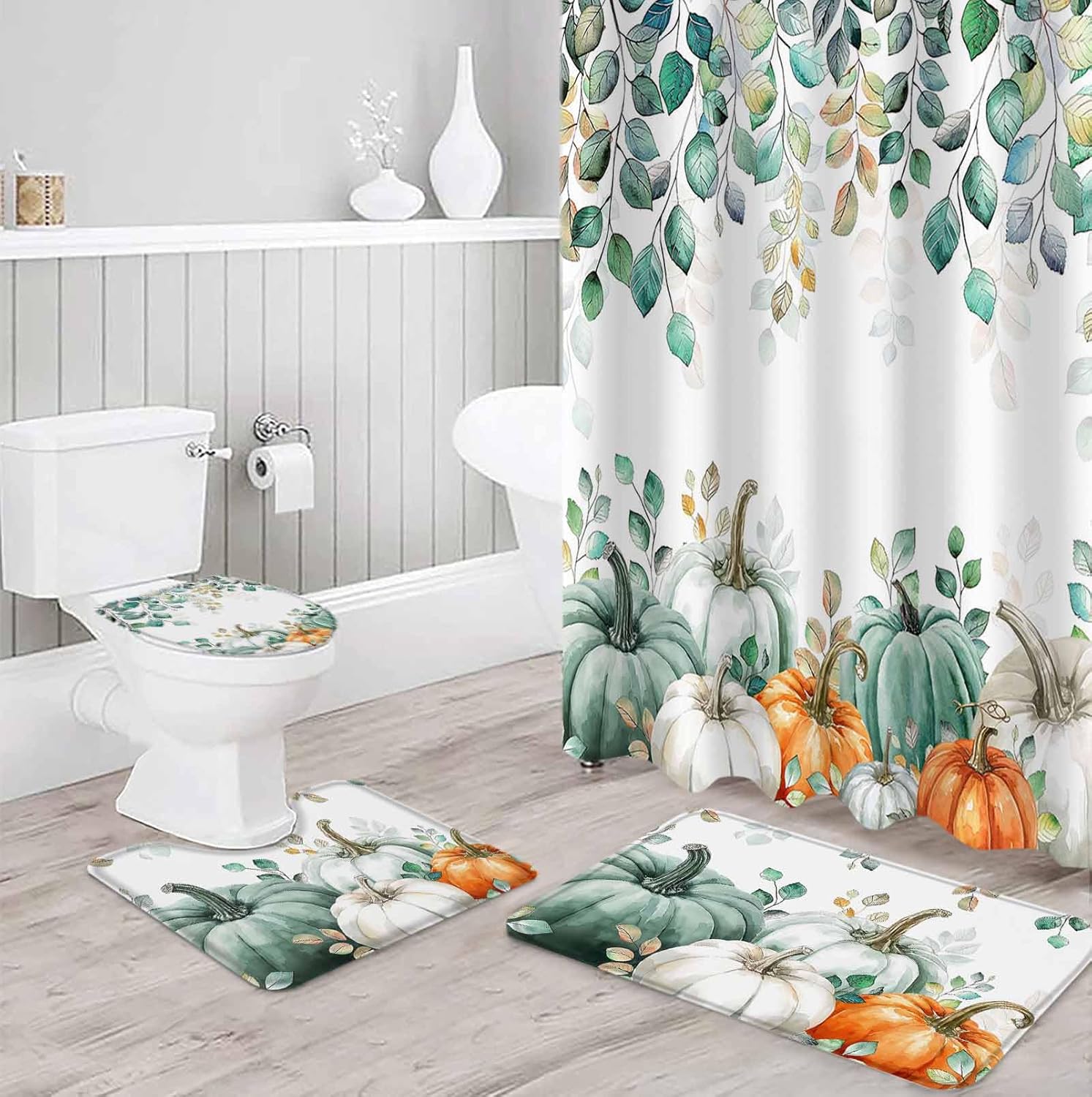 ZOE GARDEN Green Pumpkin Bathroom Set with Shower Curtain Rug and Accessories