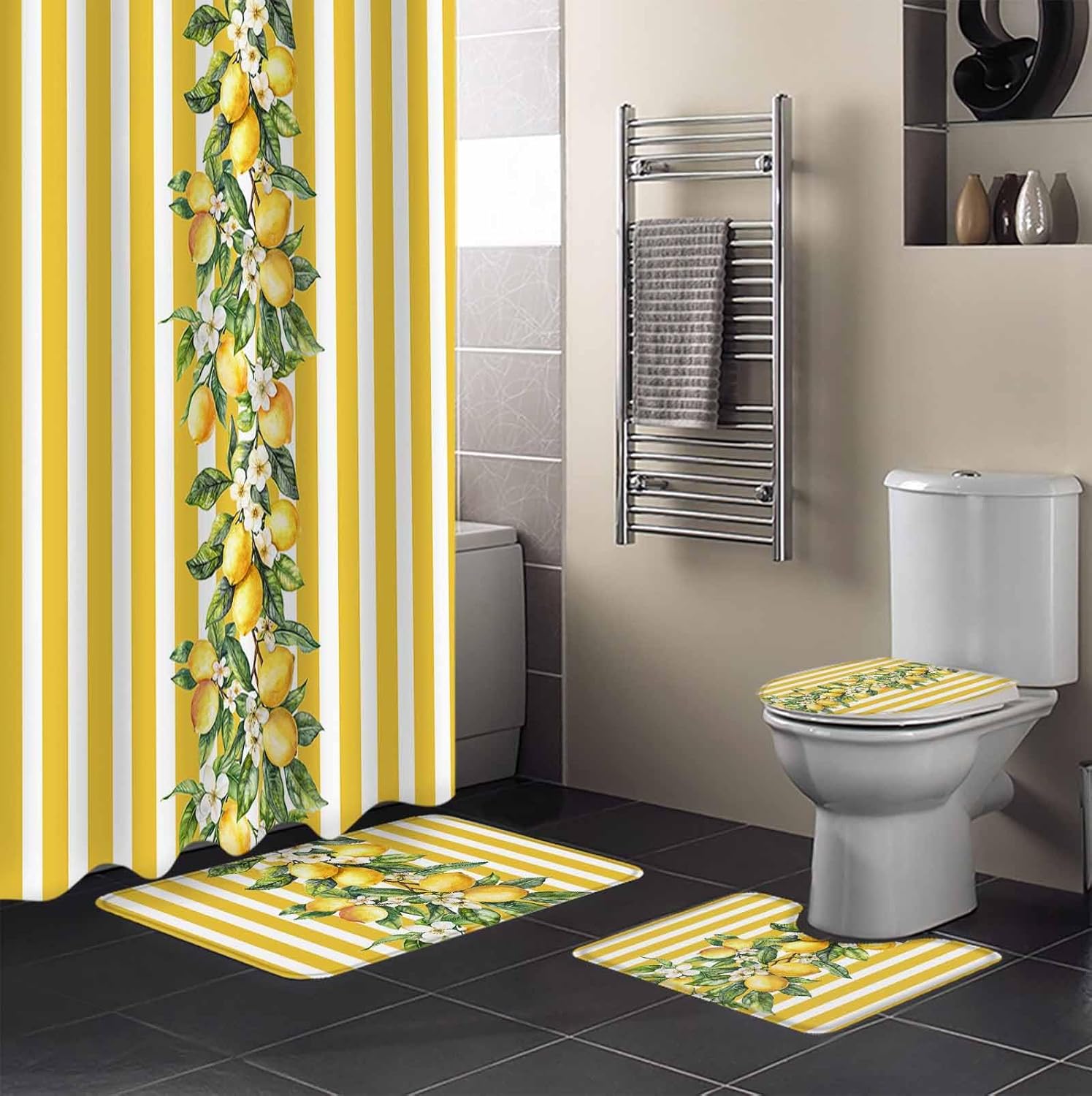 Yellow Lemon Bathroom Set with Shower Curtain Rug and Accessories 1