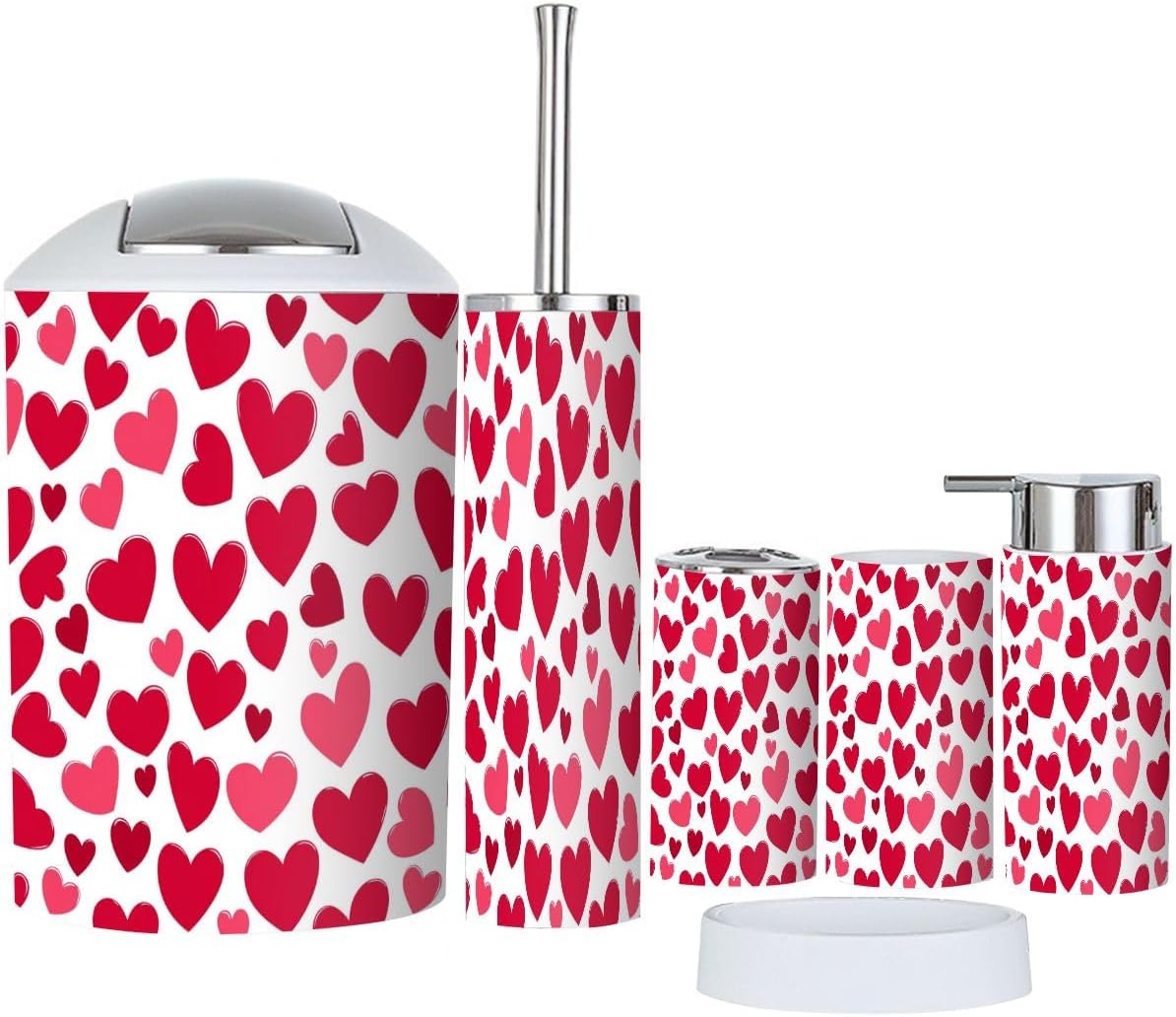 TRANQDEHOM 6 Piece Bathroom Accessory Set Pink Hearts Boho Style